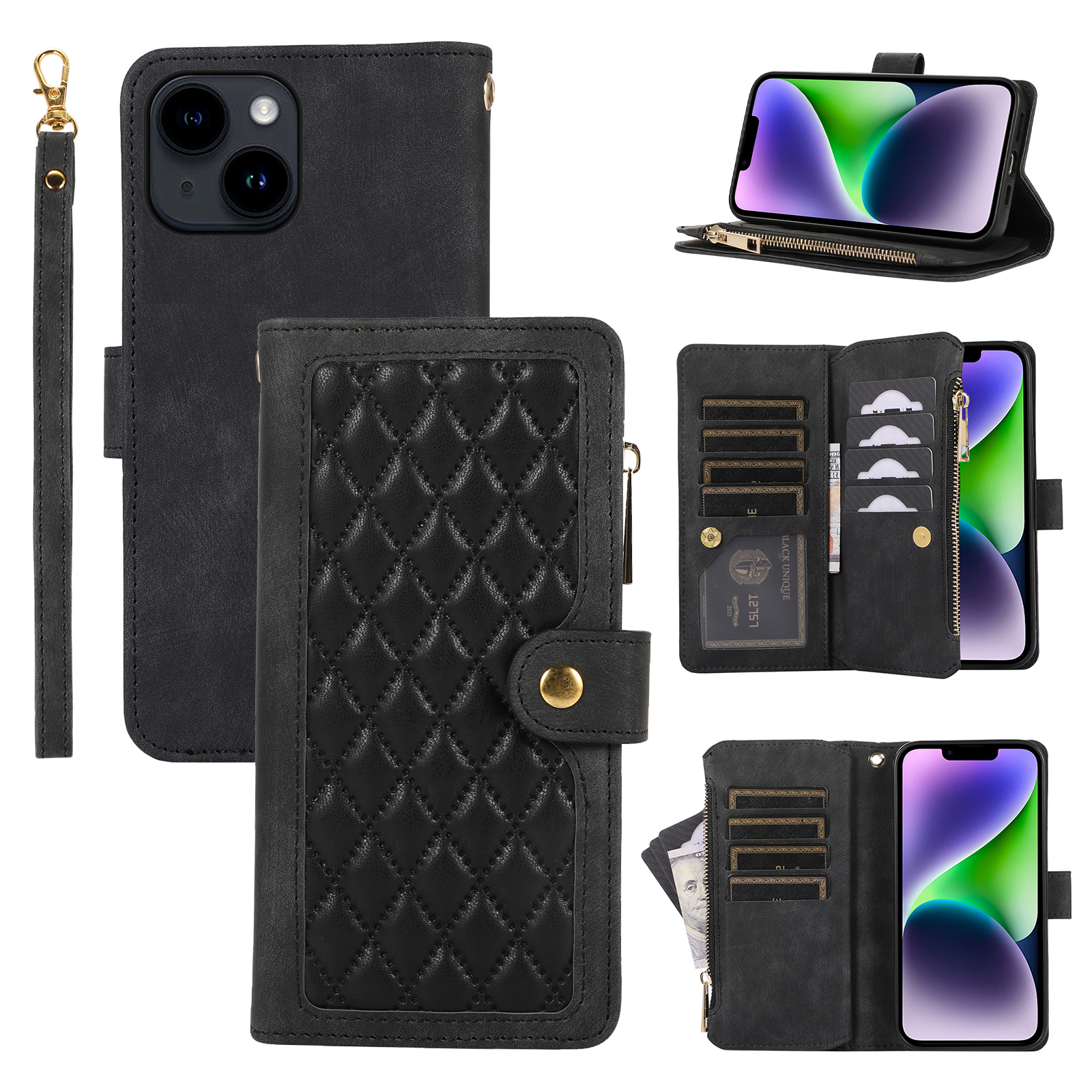 

Mehrere Kartensteckplätze Reißverschluss Pocket Phone Hülle Für Iphone 14, Rhombusstand Lederabdeckung - Schwarz, iPhone 14