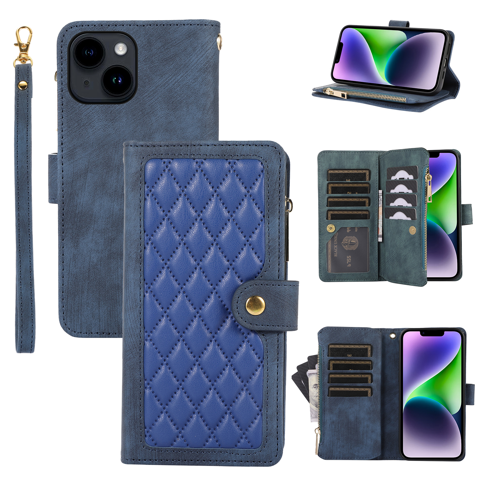 

Mehrere Kartensteckplätze Reißverschluss Pocket Phone Hülle Für Iphone 14, Rhombusstand Lederabdeckung - Blau, iPhone 14