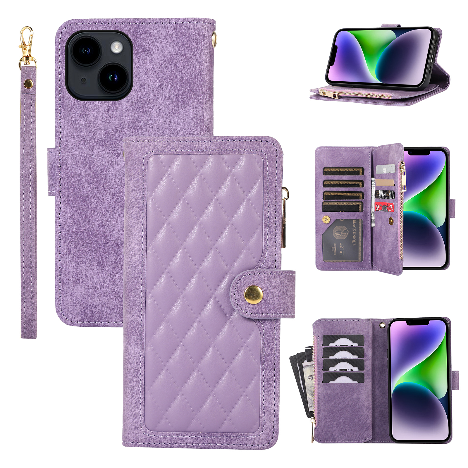

Mehrere Kartensteckplätze Reißverschluss Pocket Phone Hülle Für Iphone 14, Rhombusstand Lederabdeckung - Lila, iPhone 14