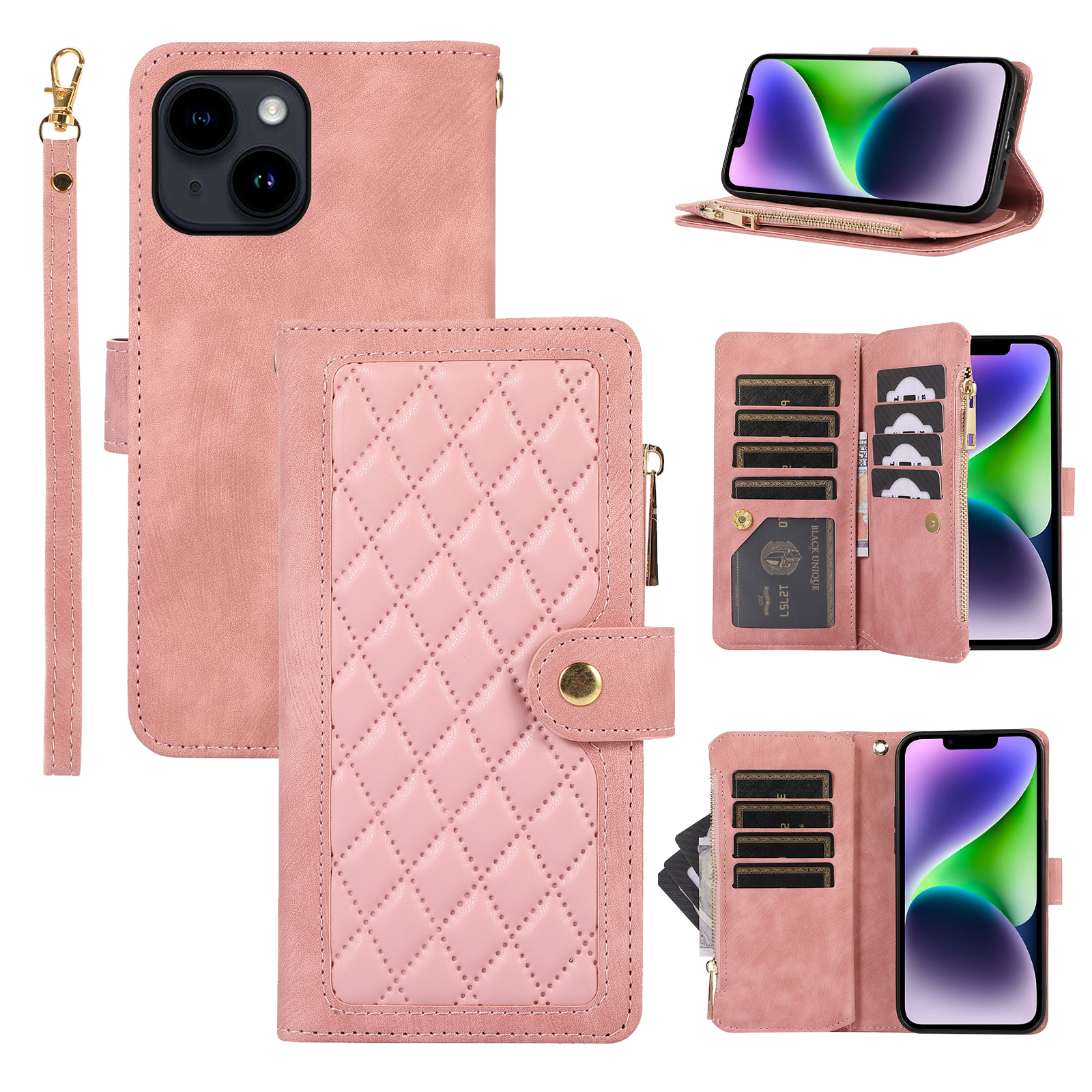 

Für Iphone 14 Plus Mehrere Kartenschlitze Telefon Lederhülle Rhombus -ständer Mit Reißverschluss in Tasche - Roségold, iPhone 14 Plus