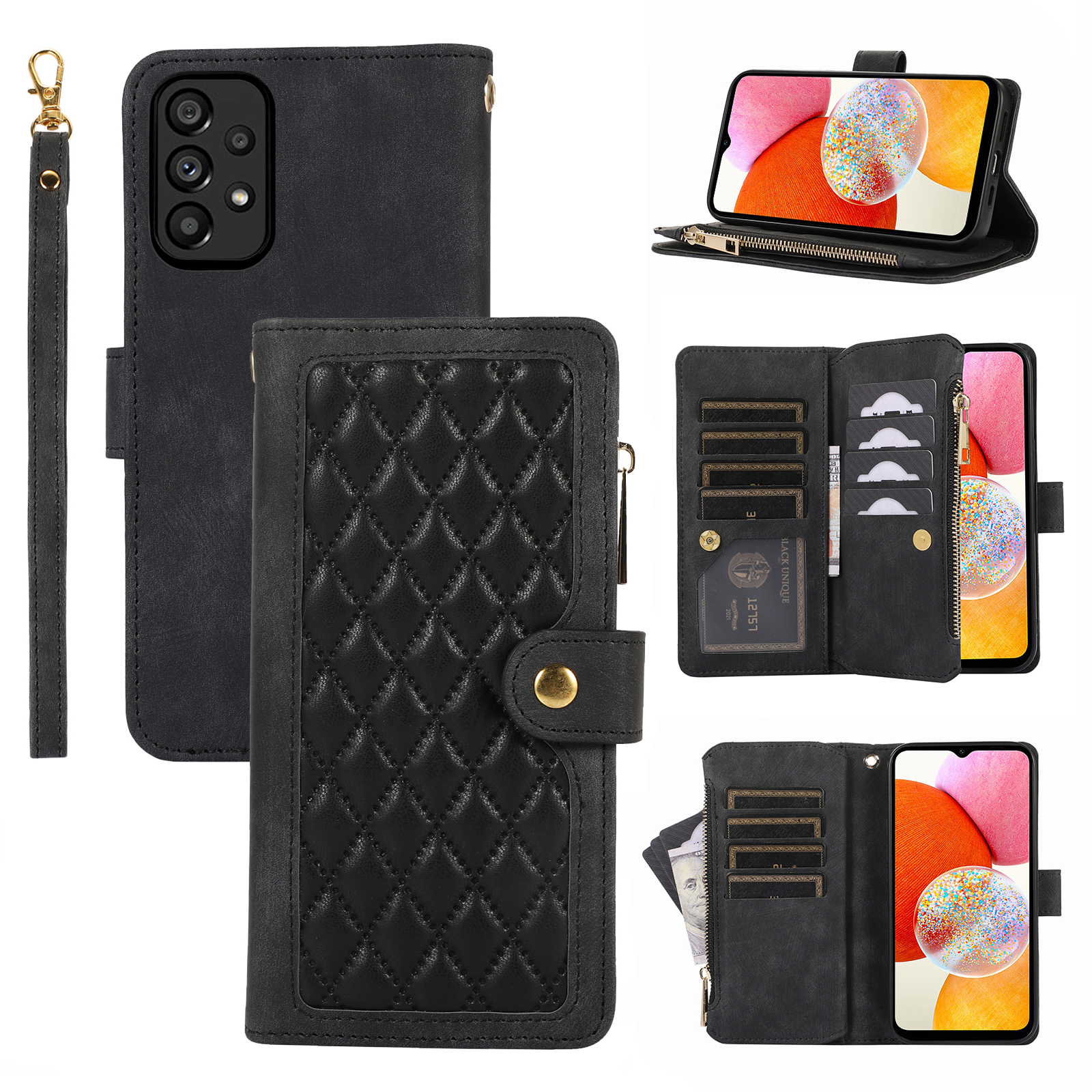 

Für Samsung Galaxy A33 5G Rhombus PU Leder Mehrere Kartensteckplätze Hülle Reißverschluss Pocket Phone Deckung - Schwarz, Samsung Galaxy A33 5G