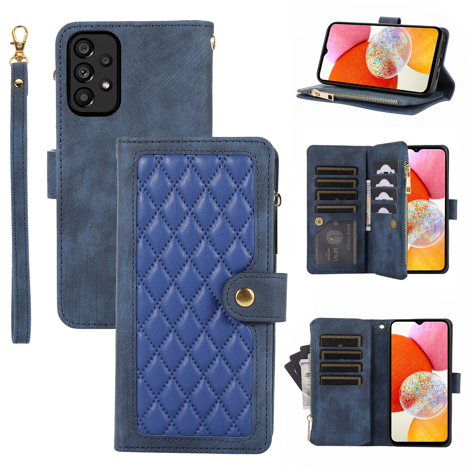 

Für Samsung Galaxy A33 5G Rhombus PU Leder Mehrere Kartensteckplätze Hülle Reißverschluss Pocket Phone Deckung - Blau, Samsung Galaxy A33 5G