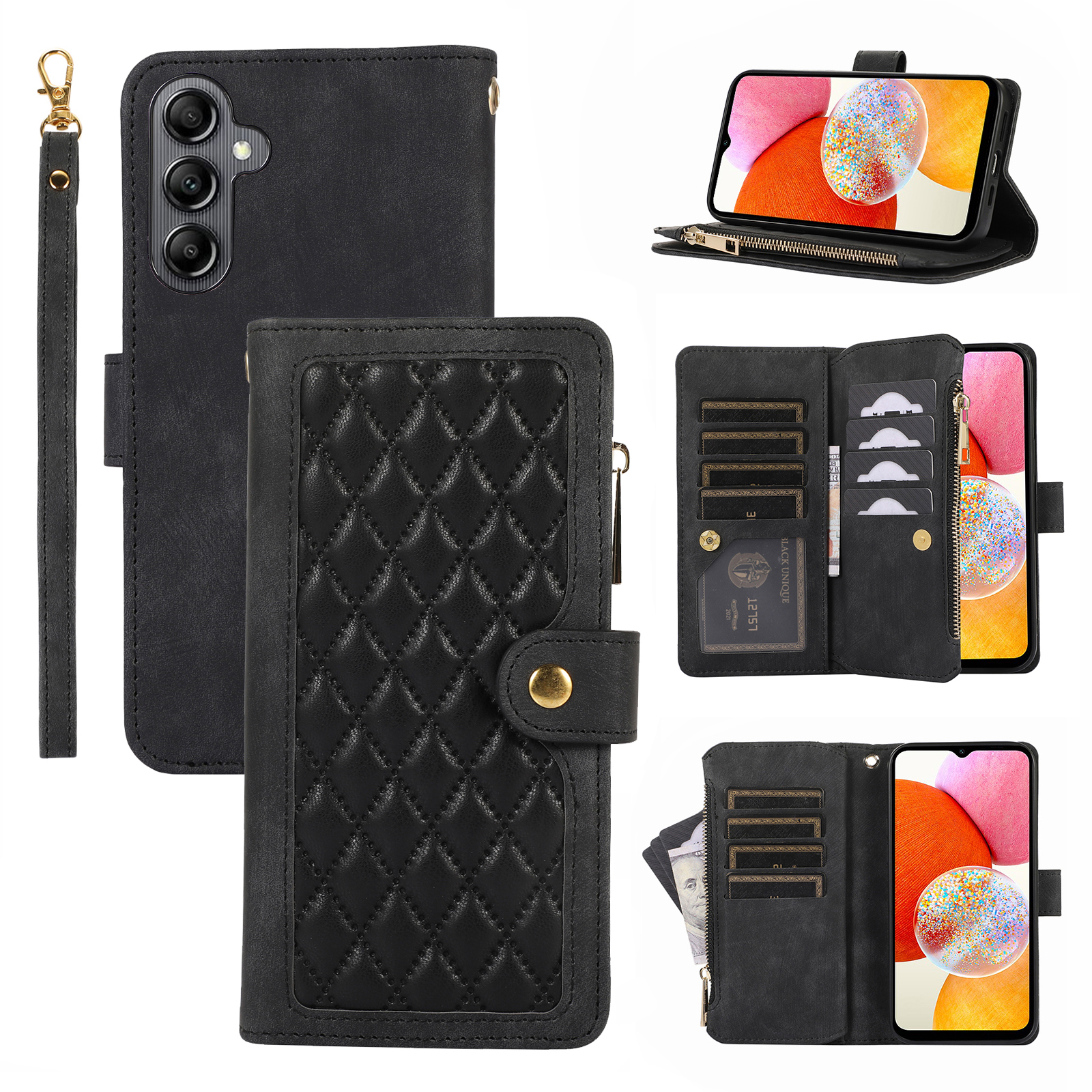 

Für Samsung Galaxy A14 4G / 5G Reißverschluss Pocket Phone Hülle Mehrere Kartensteckplätze Leder -rhombus -telefonabdeckung - Schwarz, Galaxy A14 4G
