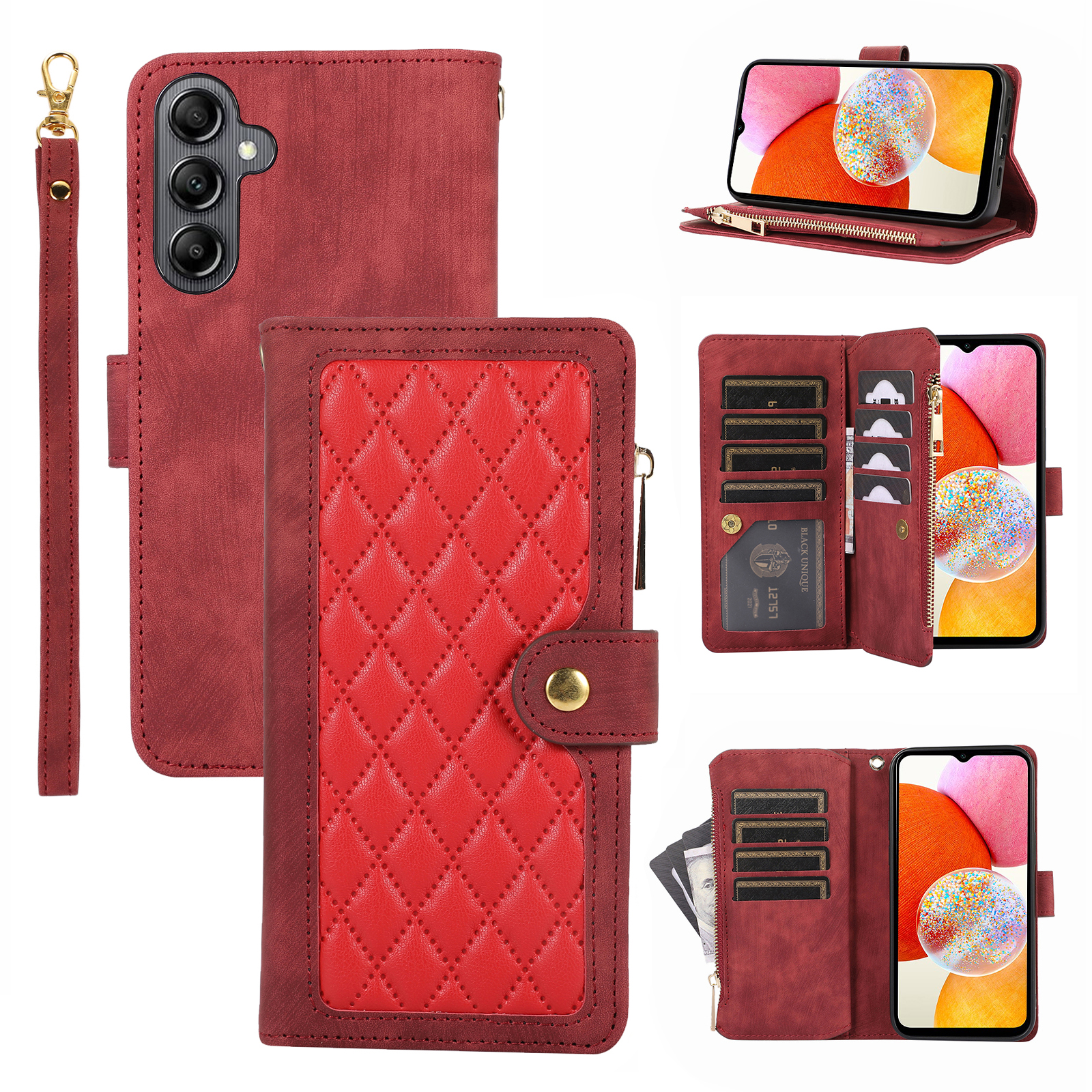 

Für Samsung Galaxy A14 4G / 5G Reißverschluss Pocket Phone Hülle Mehrere Kartensteckplätze Leder -rhombus -telefonabdeckung - Rot, Galaxy A14 4G