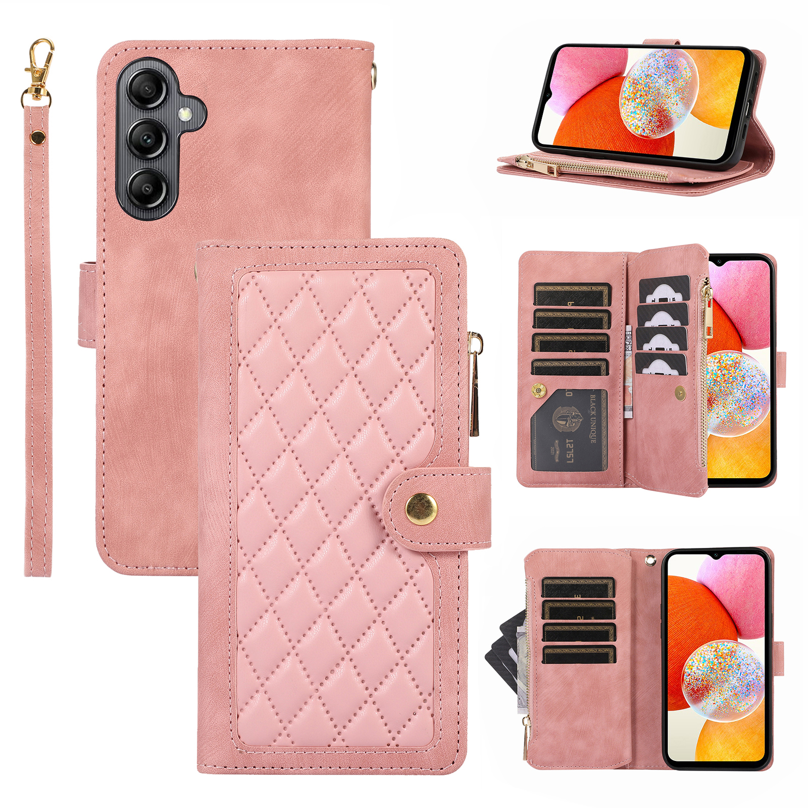 

Für Samsung Galaxy A14 4G / 5G Reißverschluss Pocket Phone Hülle Mehrere Kartensteckplätze Leder -rhombus -telefonabdeckung - Roségold, Galaxy A14 4G