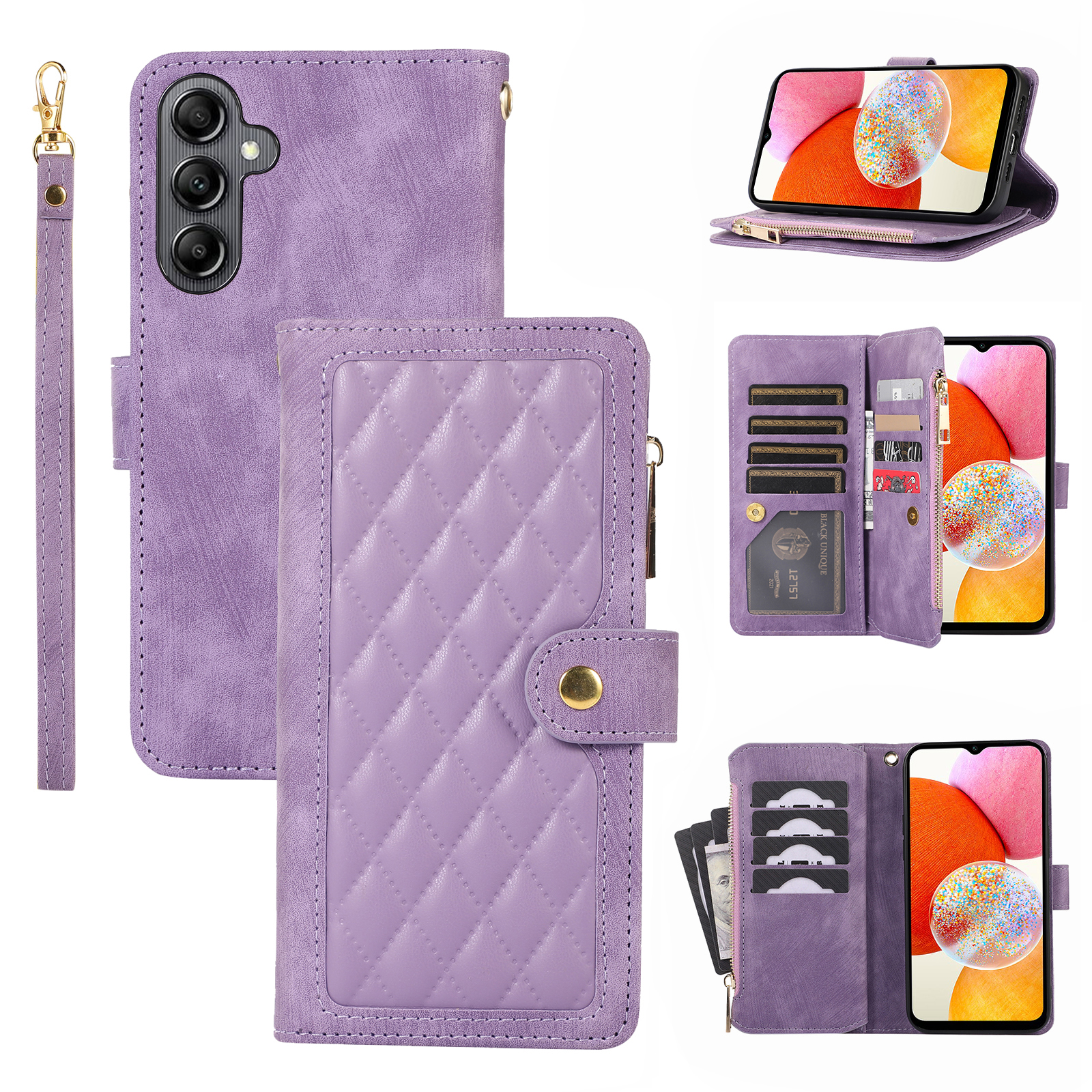 

Für Samsung Galaxy A14 4G / 5G Reißverschluss Pocket Phone Hülle Mehrere Kartensteckplätze Leder -rhombus -telefonabdeckung - Lila, Galaxy A14 4G