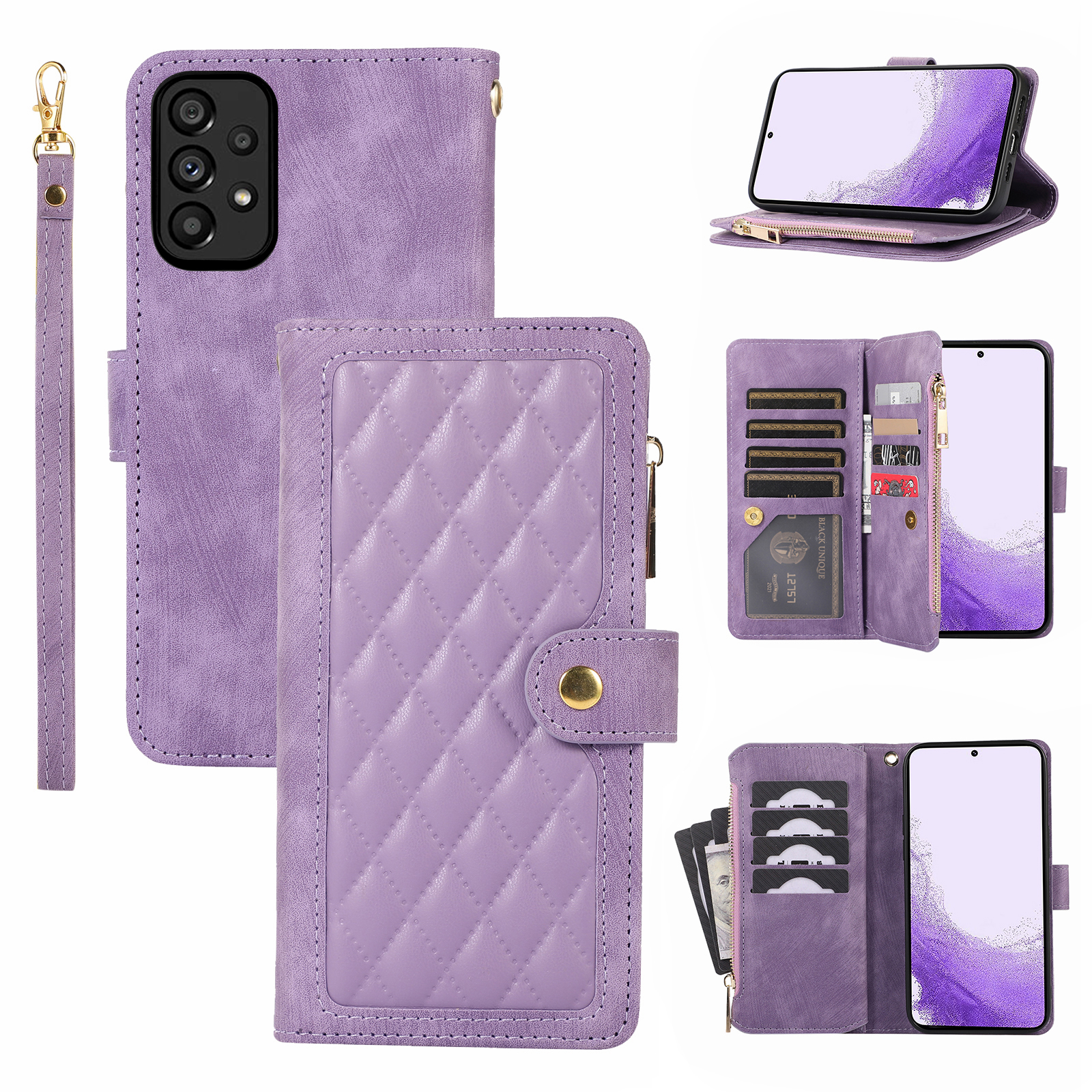 

Für Samsung Galaxy A52 4G / 5g / A52s 5G Leder Telefonhülle Mehrere Kartenschlitze Reißverschluss in Taschenabdeckung - Lila, Galaxy A52 4G