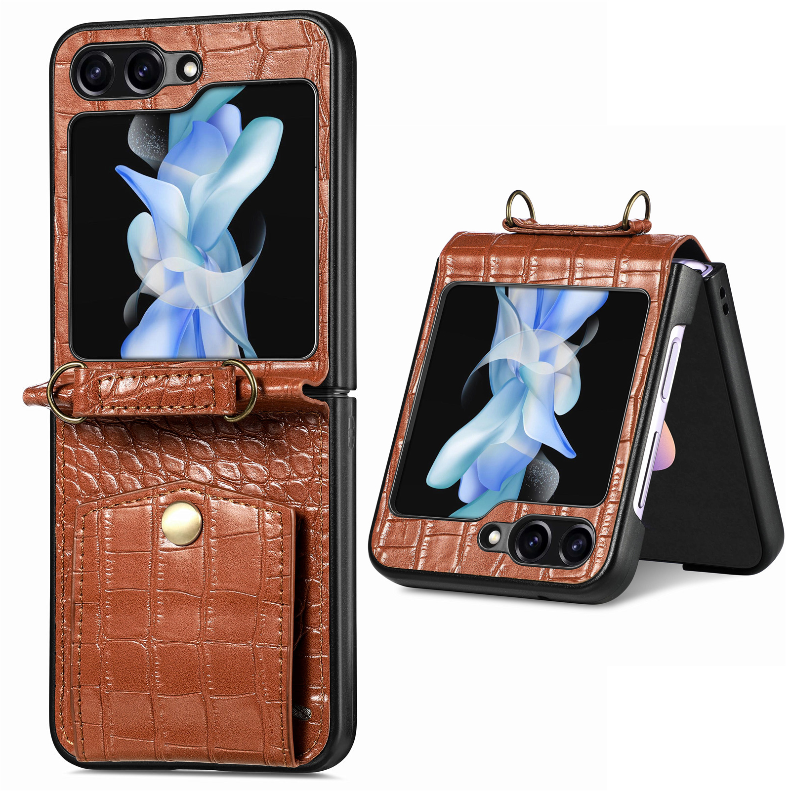 

Für Samsung Galaxy Z Flip5 5G Leder+pc Crocodile Texture Phone Cart Card Slots Kickstand RFID -blockierungsabdeckung Mit Schultergurt - Braun, Galaxy Z Flip5 5G