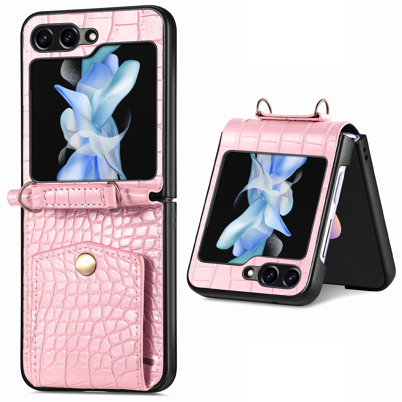 

Für Samsung Galaxy Z Flip5 5G Leder+pc Crocodile Texture Phone Cart Card Slots Kickstand RFID -blockierungsabdeckung Mit Schultergurt - Rosa, Galaxy Z Flip5 5G