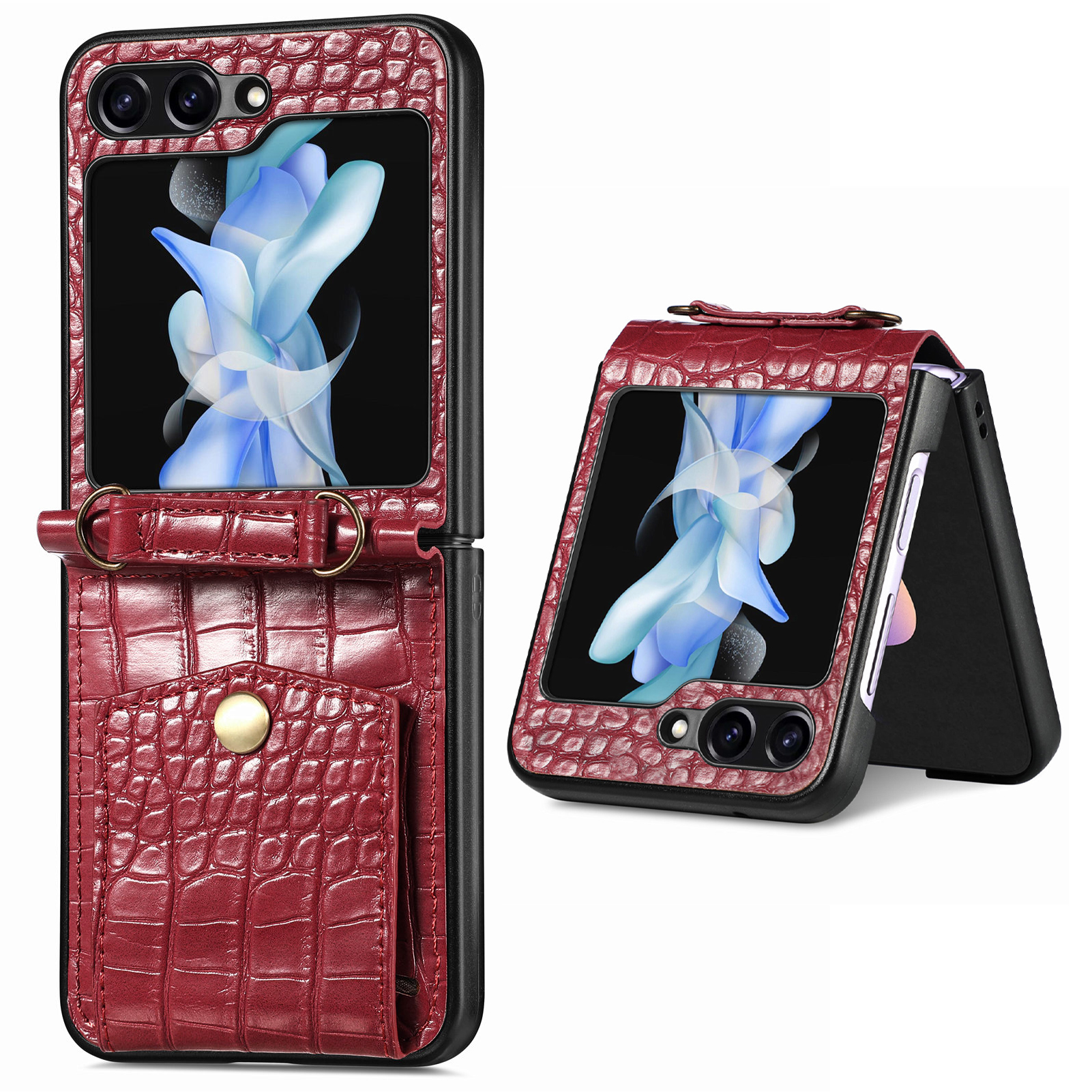 

Für Samsung Galaxy Z Flip5 5G Leder+pc Crocodile Texture Phone Cart Card Slots Kickstand RFID -blockierungsabdeckung Mit Schultergurt - Rot, Galaxy Z Flip5 5G