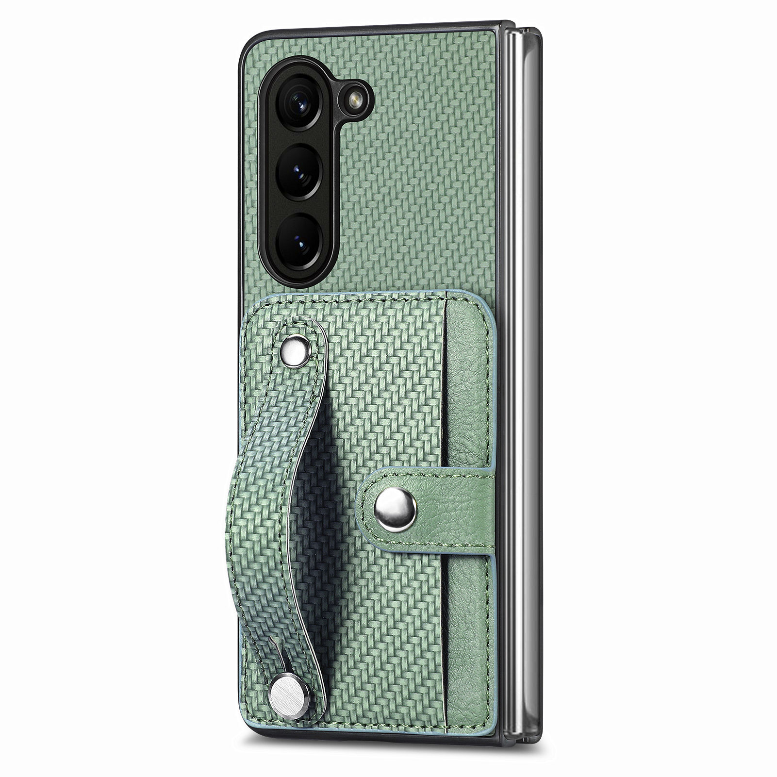 

Für Samsung Galaxy Z Fold5 5G PU Leder+pc Phone Hülle Carbonfaser Textur Armband Kickstand Cover - Grün, Galaxy Z Fold5 5G