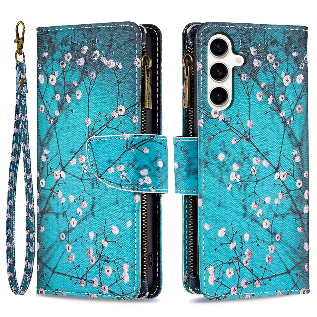 

BF03 Reißverschluss -taschenbrieftasche Hülle Für Samsung Galaxy S23 Fe, PU -ledermuster -druckständer Telefonabdeckung - Pflaumenblüte, Galaxy S23 FE