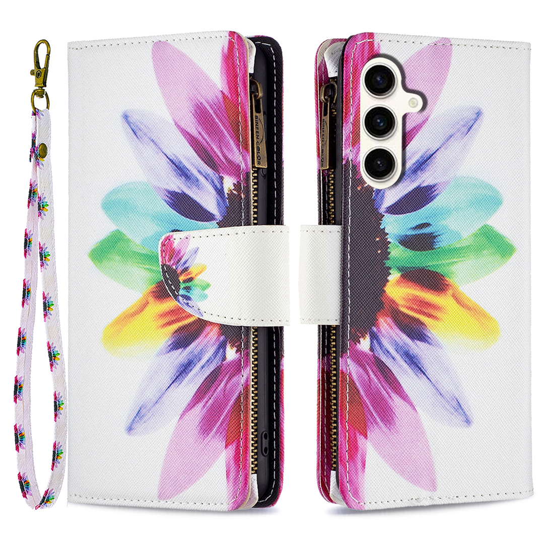 

BF03 Reißverschluss -taschenbrieftasche Hülle Für Samsung Galaxy S23 Fe, PU -ledermuster -druckständer Telefonabdeckung - Sonnenblume, Galaxy S23 FE