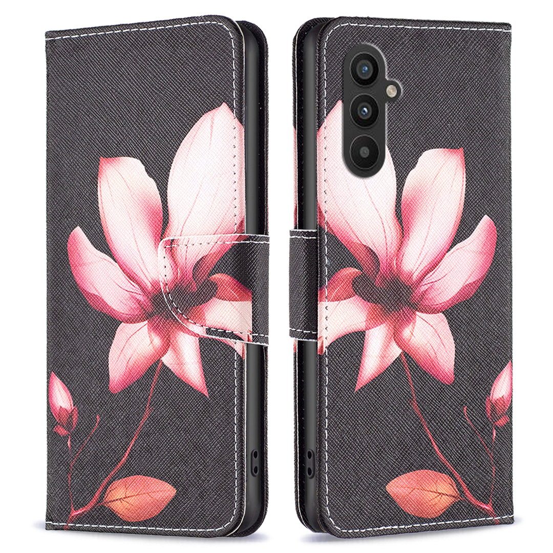 

PU Ledertasche Für Samsung Galaxy A25 5G Wallet Stand TPU Innenschalenmuster Druckphase - Pinke Blume, Galaxy A25 5G