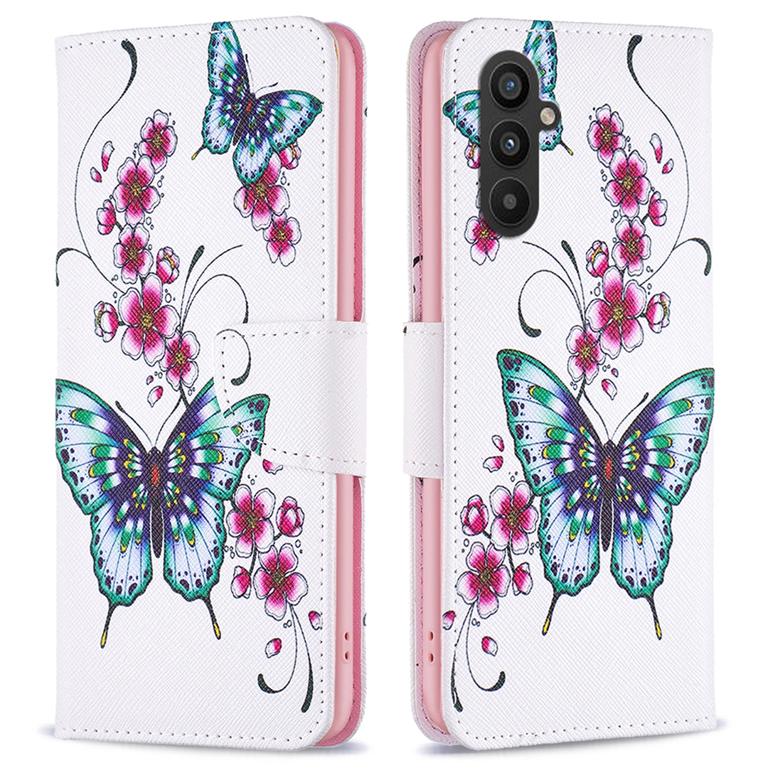 

PU Ledertasche Für Samsung Galaxy A25 5G Wallet Stand TPU Innenschalenmuster Druckphase - Pfirsichblüte Und Schmetterlinge, Galaxy A25 5G