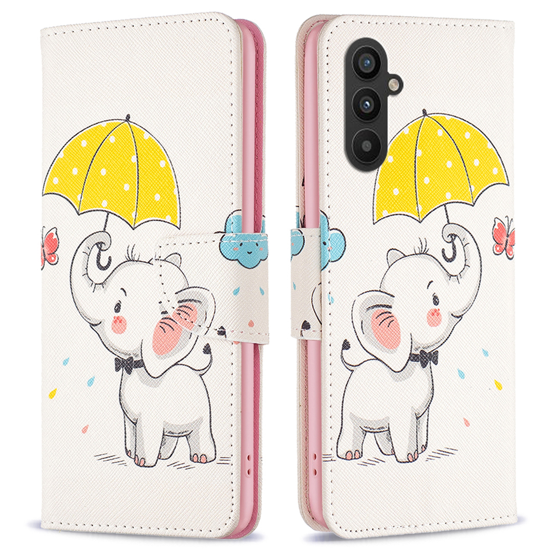 

PU Ledertasche Für Samsung Galaxy A25 5G Wallet Stand TPU Innenschalenmuster Druckphase - Regenschirm Und Elefant, Galaxy A25 5G