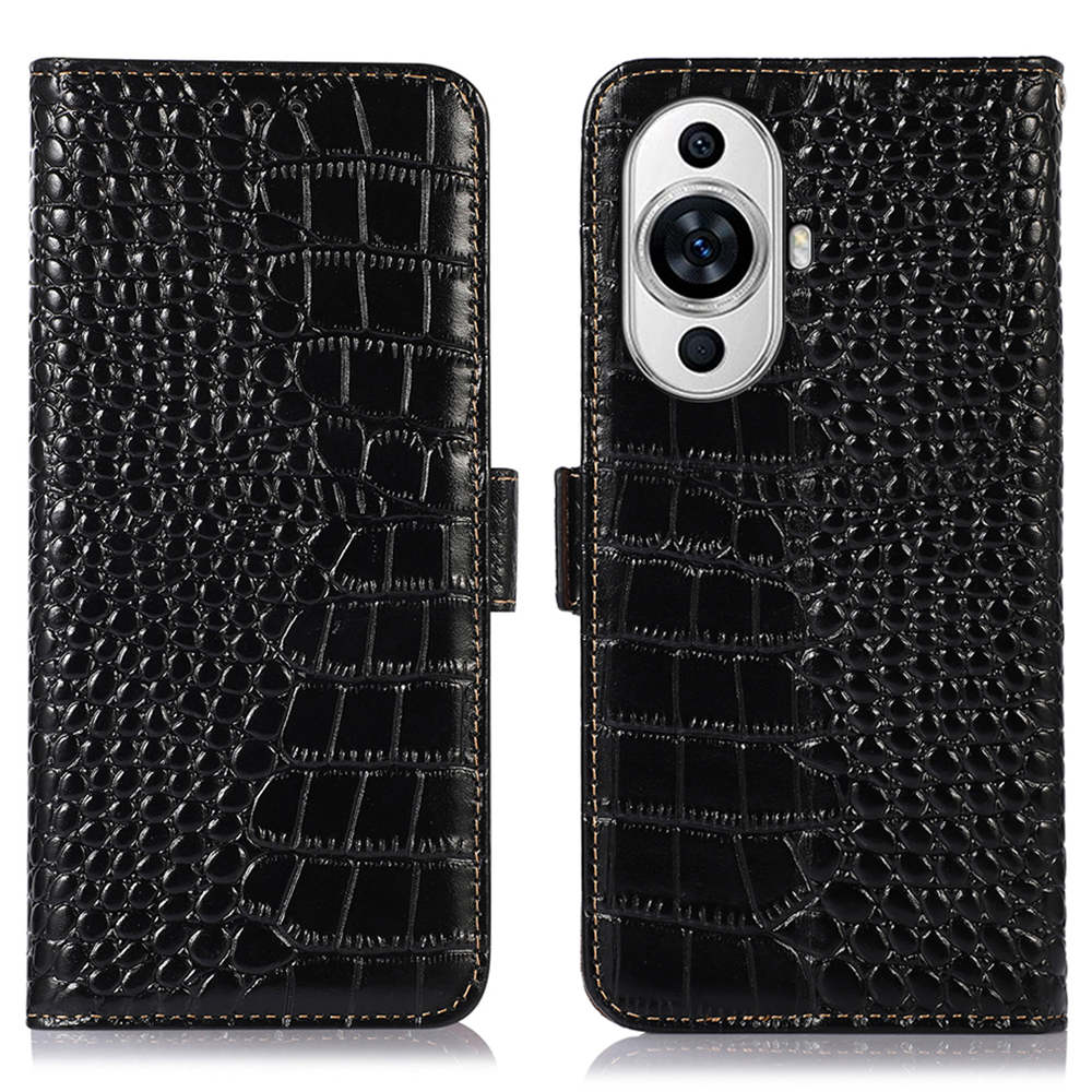 

Für Huawei Nova 11 Echte Kuhleder RFID Blocking Wallet Phone Case Crocodile Textur Stand Cover - Schwarz, Huawei nova 11