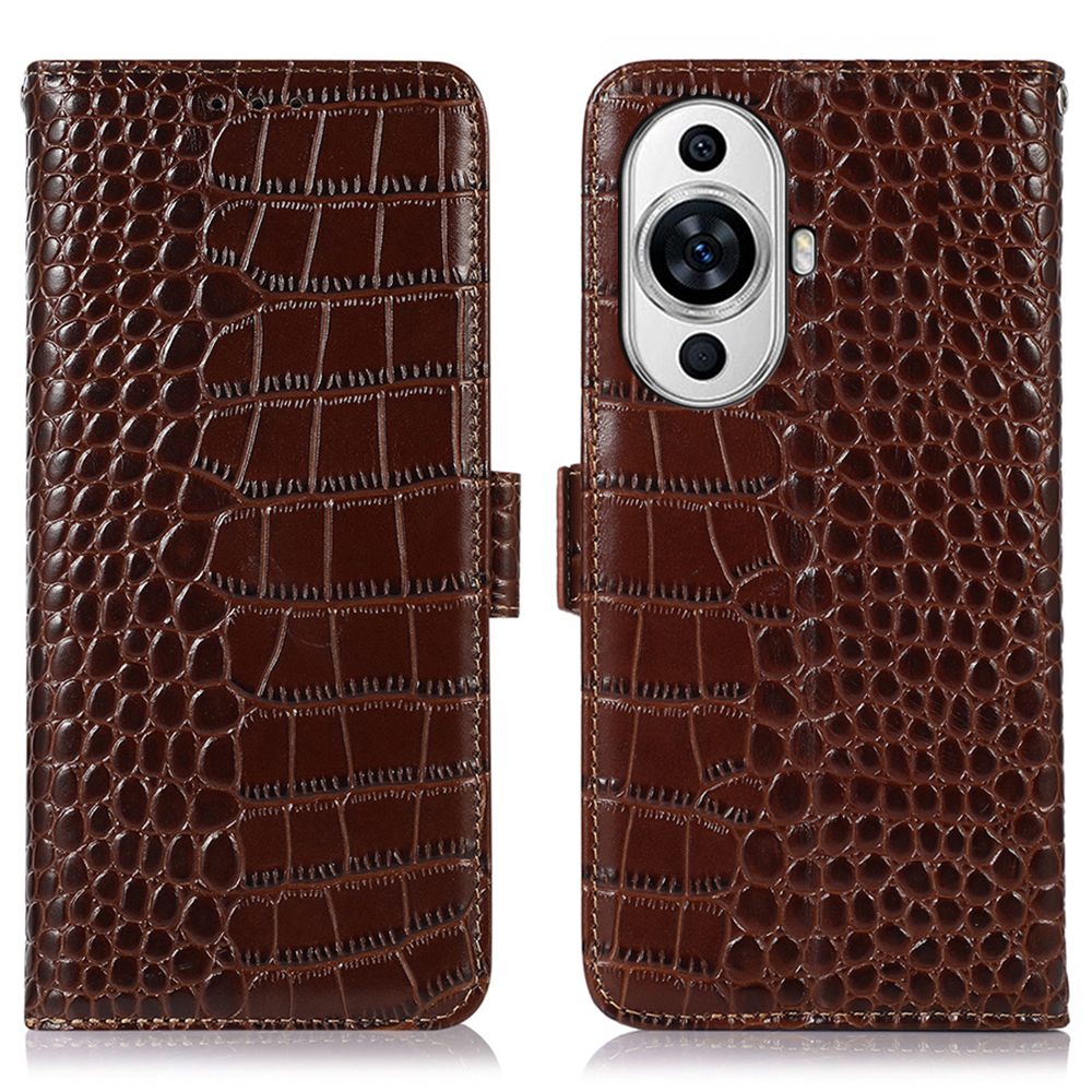 

Für Huawei Nova 11 Echte Kuhleder RFID Blocking Wallet Phone Case Crocodile Textur Stand Cover - Braun, Huawei nova 11
