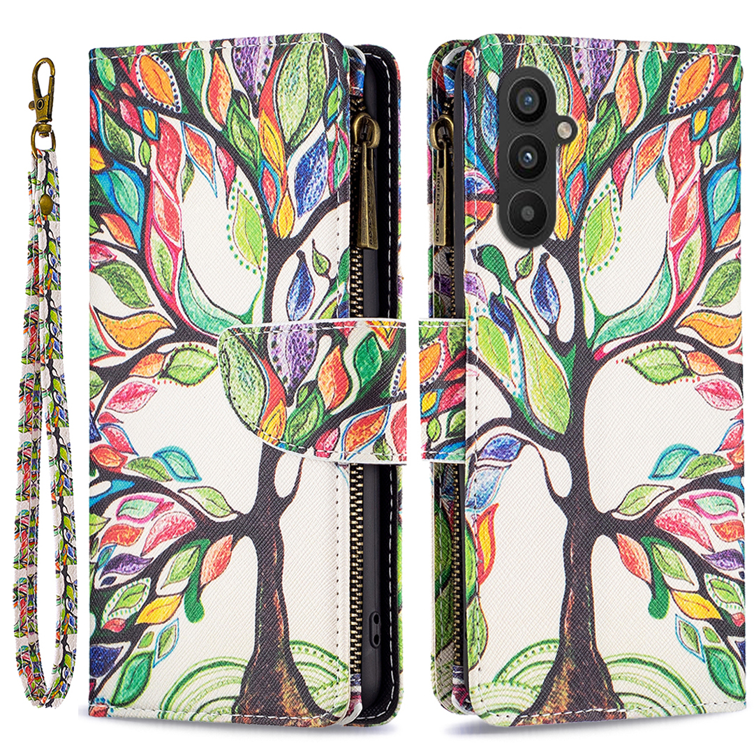 

BF03 Leder Brieftasche Hülle Für Samsung Galaxy A25 5g, Musterdrucke Reißverschluss Pocket Ständer Telefonabdeckung - Lebensbaum, Galaxy A25 5G