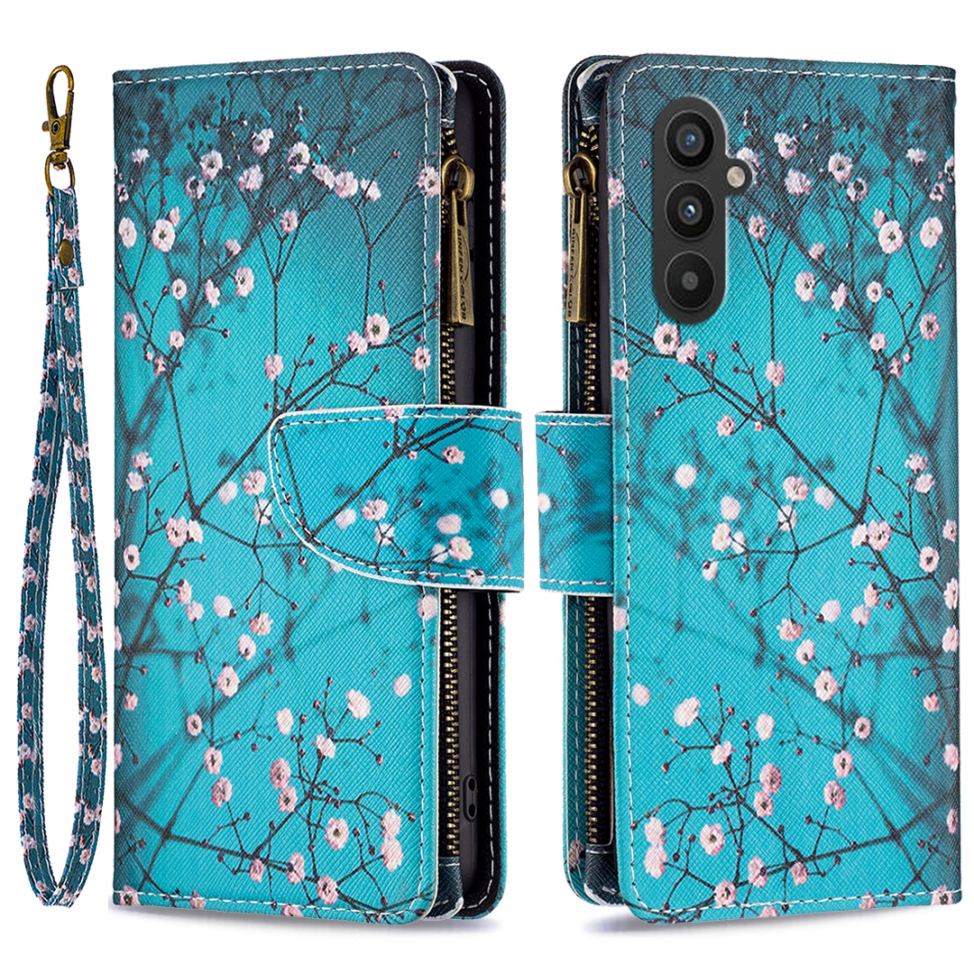 

BF03 Leder Brieftasche Hülle Für Samsung Galaxy A25 5g, Musterdrucke Reißverschluss Pocket Ständer Telefonabdeckung - Pflaumenblüte, Galaxy A25 5G