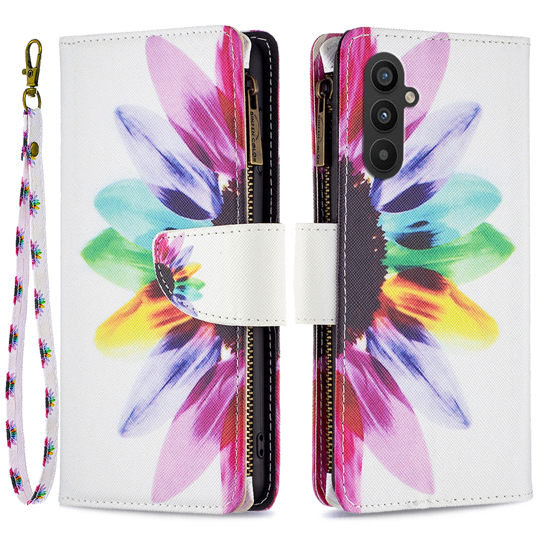 

BF03 Leder Brieftasche Hülle Für Samsung Galaxy A25 5g, Musterdrucke Reißverschluss Pocket Ständer Telefonabdeckung - Sonnenblume, Galaxy A25 5G