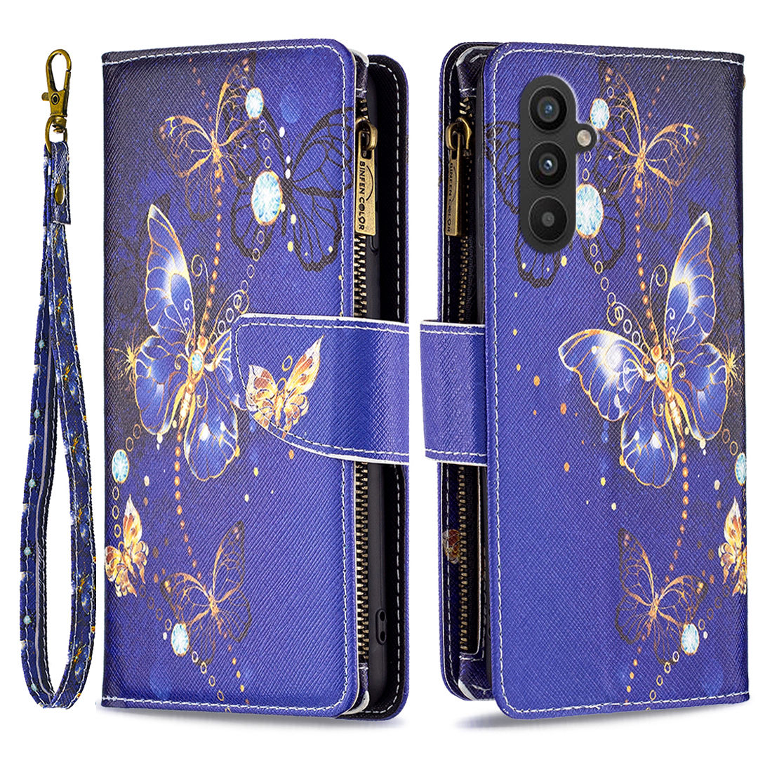 

BF03 Leder Brieftasche Hülle Für Samsung Galaxy A25 5g, Musterdrucke Reißverschluss Pocket Ständer Telefonabdeckung - Lila Schmetterlinge, Galaxy A25 5G