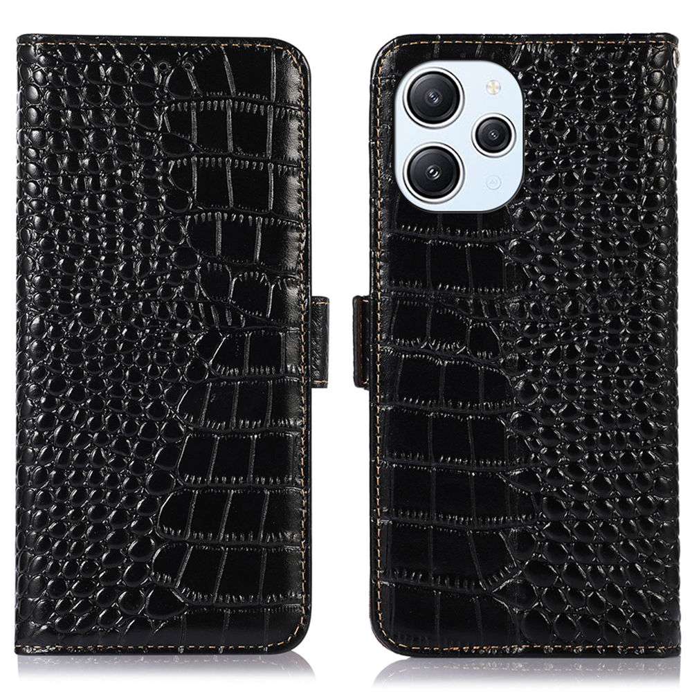 

Krokodiltexturschale Für Xiaomi Redmi 12 4G RFID -blockierung Brieftasche Telefonhülle Echte Kuhleder -ständer Cover - Schwarz, Xiaomi Redmi 12 4G