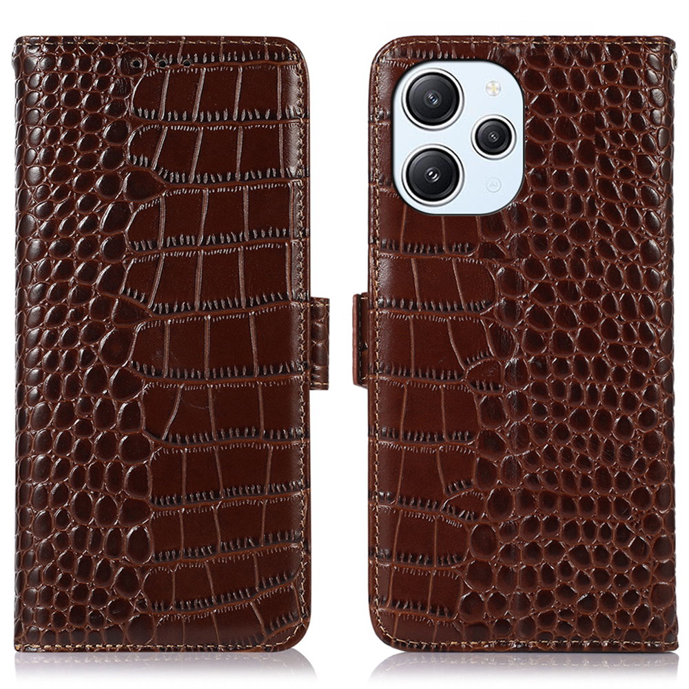 

Krokodiltexturschale Für Xiaomi Redmi 12 4G RFID -blockierung Brieftasche Telefonhülle Echte Kuhleder -ständer Cover - Braun, Xiaomi Redmi 12 4G