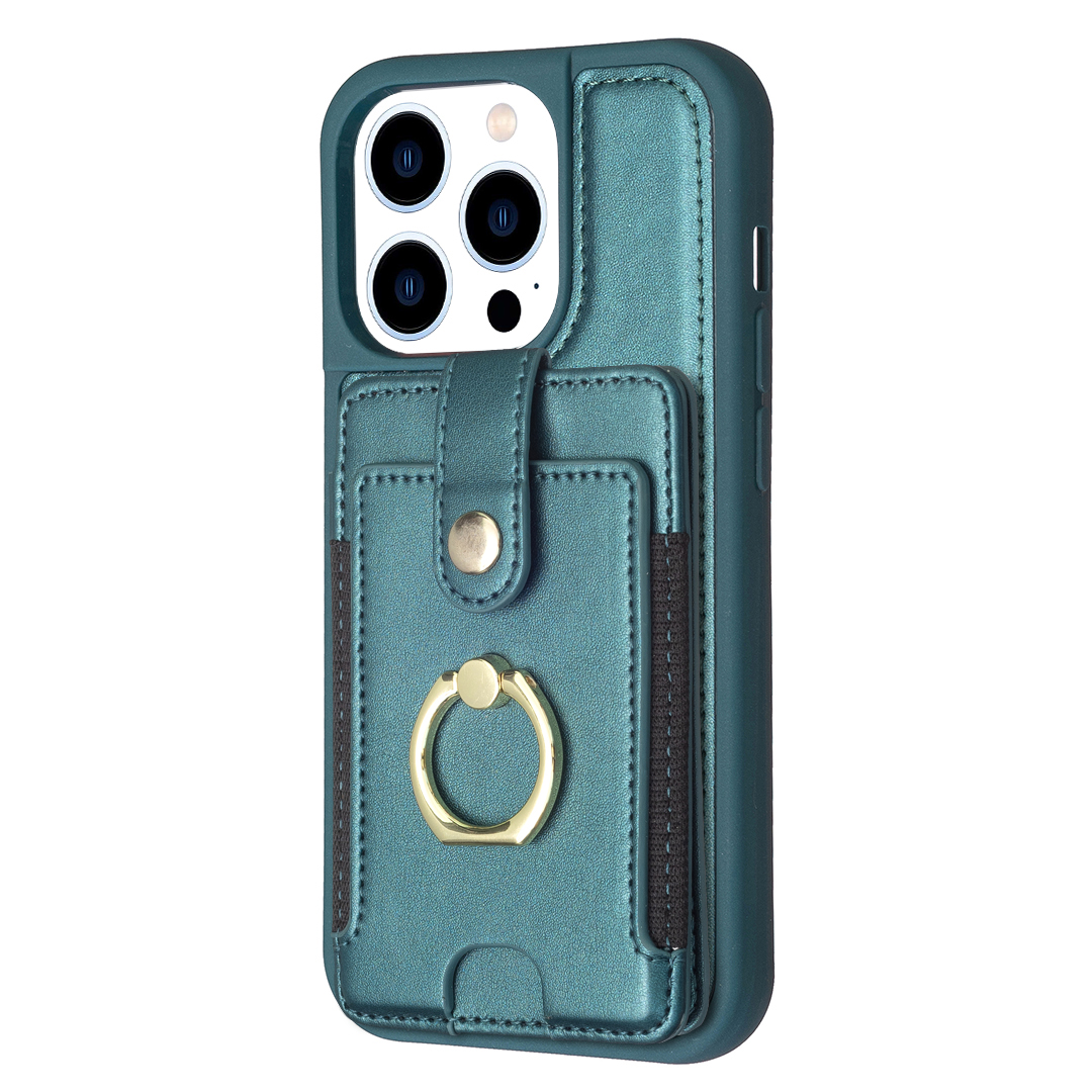 

BF27 Kartensteckplatz Für Iphone 13 Pro Max PU Leder Beschichtetes TPU -ring -kickstand -telefonabdeckung - Grün, iPhone 13 Pro Max