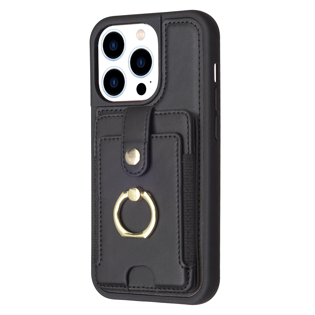 

BF27 Für Iphone 14 Pro -karten -slots Telefonhülle PU -lederbeschichtete TPU -rotationsring -kickständer Cover - Schwarz, iPhone 14 Pro