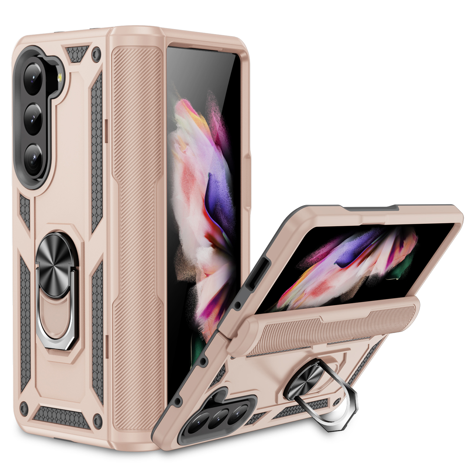 

TPU+PC -telefonhülle Für Samsung Galaxy Z Fold5 5G Ringhalter Kickstandabdeckung Mit Autohalterung Metallblech - Aprikose, Galaxy Z Fold5 5G