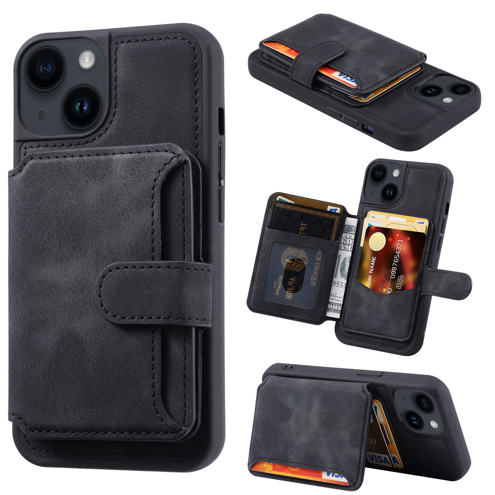 

Für Iphone 15 Plus Mit Leder Beschichtete TPU -telefonhülle RFID -blockierungsbrieftaschen -telefonabdeckung Mit Kickstand - Schwarz, iPhone 15 Plus