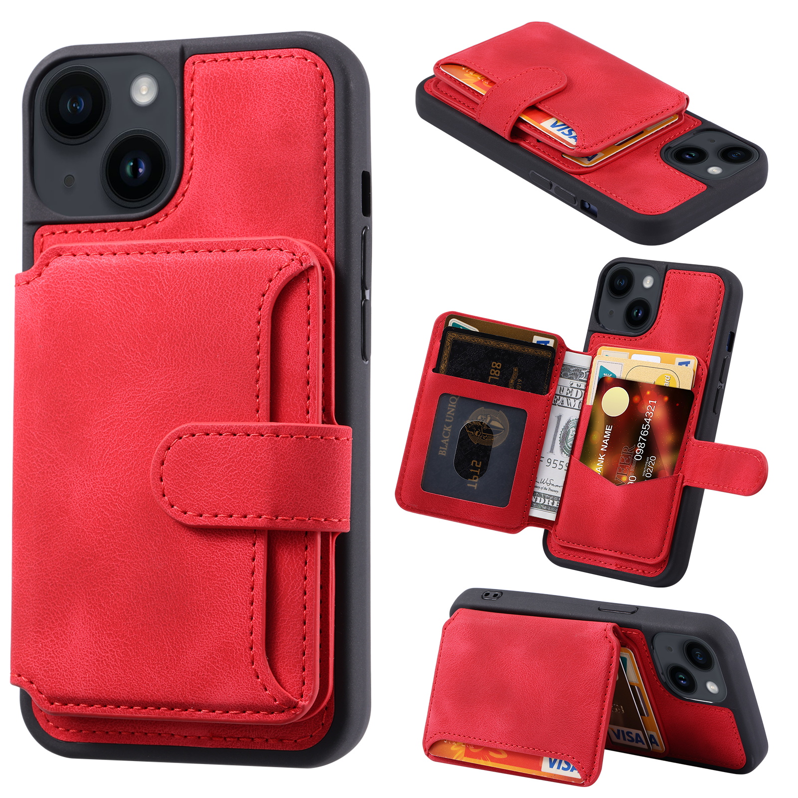 

Für Iphone 15 Plus Mit Leder Beschichtete TPU -telefonhülle RFID -blockierungsbrieftaschen -telefonabdeckung Mit Kickstand - Rot, iPhone 15 Plus