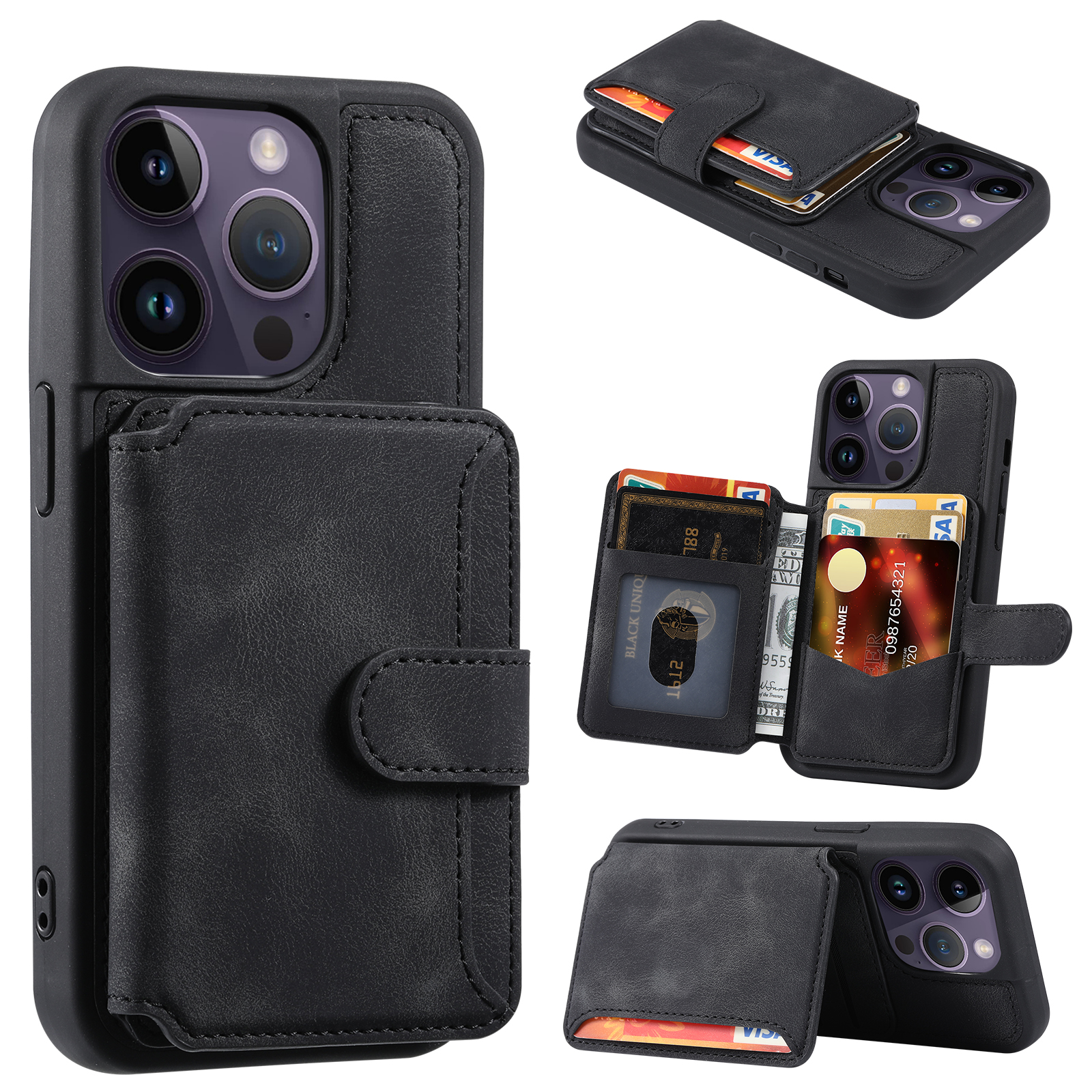 

RFID -blockierungs -brieftaschenabdeckung Für Iphone 15 Pro, Mit Leder Beschichtete TPU -telefonhülle Mit Kickstand - Schwarz, iPhone 15 Pro