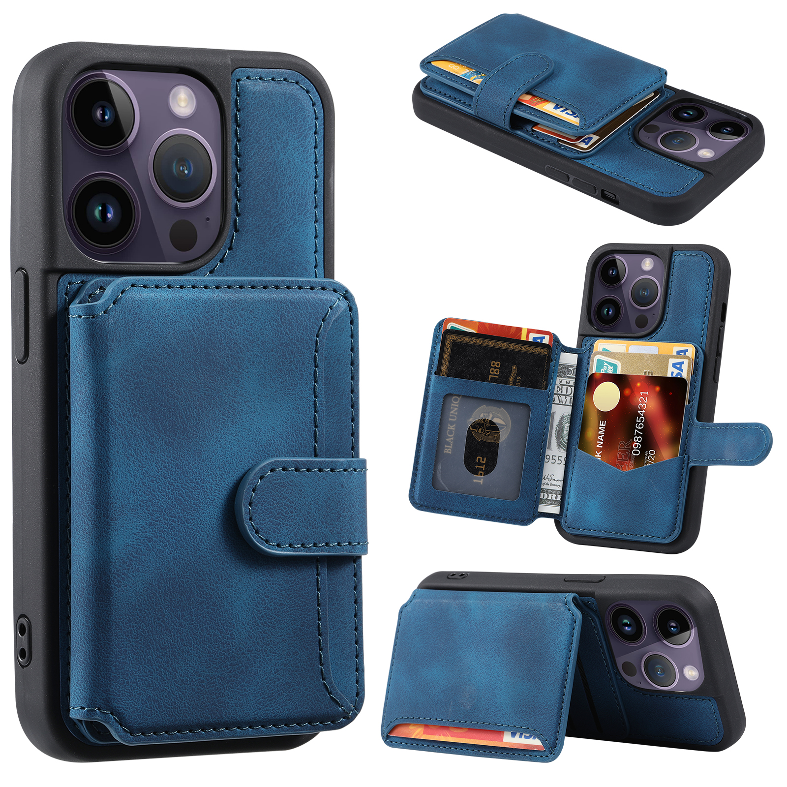 

RFID -blockierungs -brieftaschenabdeckung Für Iphone 15 Pro, Mit Leder Beschichtete TPU -telefonhülle Mit Kickstand - Navy Blau, iPhone 15 Pro