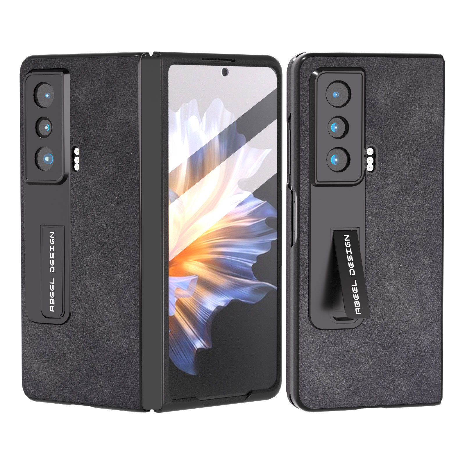 

Abeel For Honor Magic Vs 5G Kickstand -telefonabdeckung Strukturierter Leder + PC -hülle Mit Temperamentvollem Glasschildfilm - Schwarz, Honor Magic Vs 5G