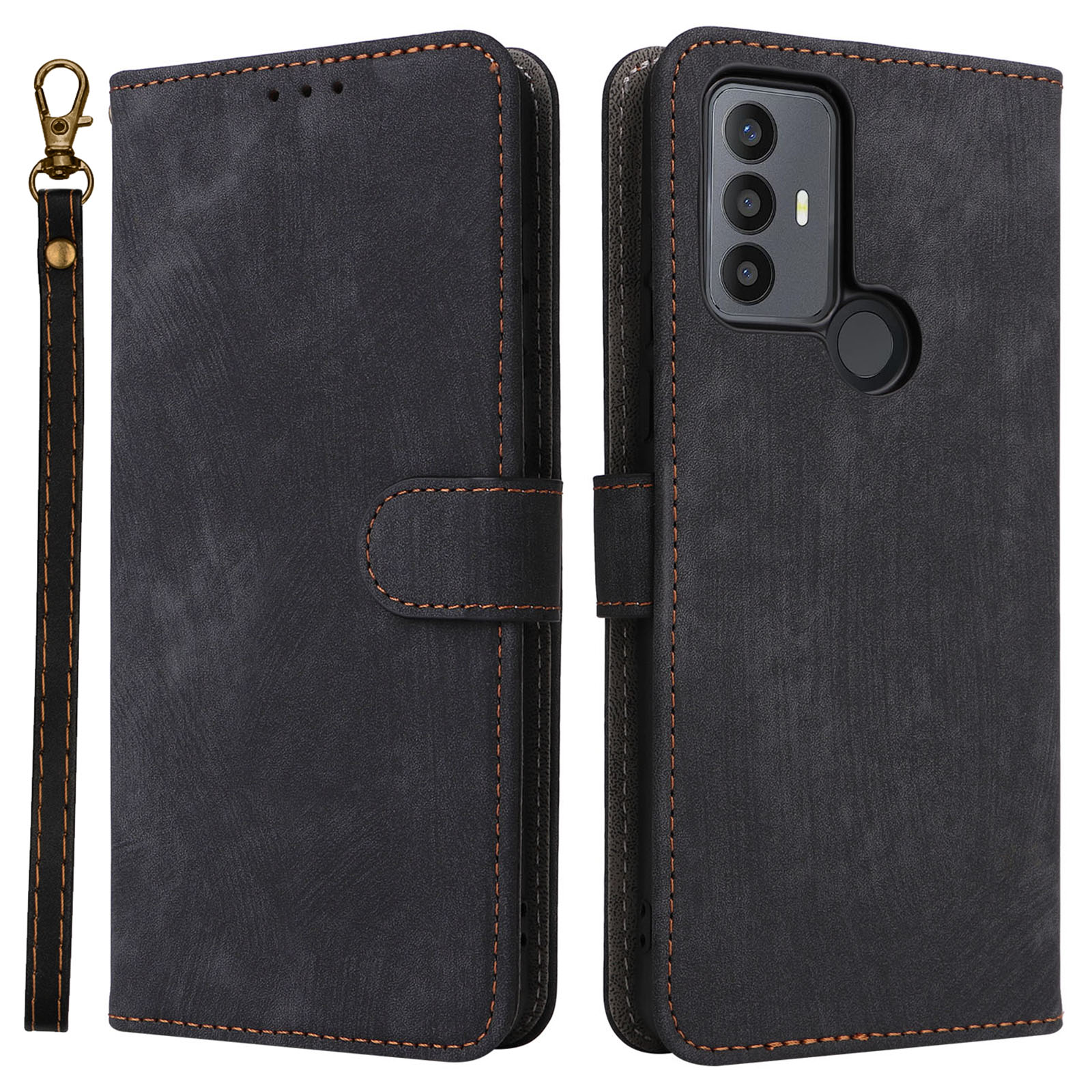 

PU Leder Flip Hülle Für TCL 30E / 30 se / 305 / 306, Stand Wallet RFID Blocking Protection Telefonabdeckung Mit Riemen - Schwarz, TCL 30E