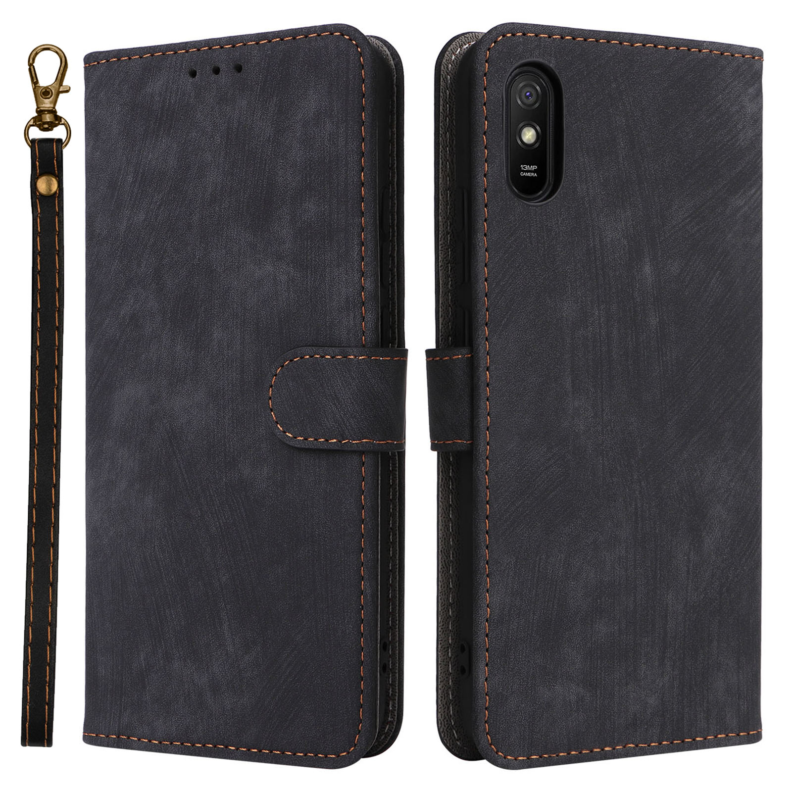 

RFID -blockierung Telefonkoffer Für Xiaomi Redmi 9A / 9at / 9a Sport / 9i / 9i Sport, PU Lederständer Flip Wallet -abdeckung Mit Riemen - Schwarz, Xiaomi Redmi 9A