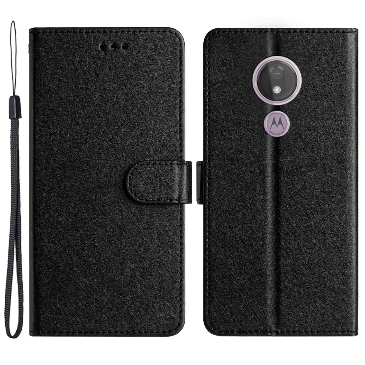 

Für Motorola Moto G7 Power (EU -version) Handband Telefonständer Abdeckung Seide Textur PU Leder Brieftasche Hülle - Schwarz, Motorola Moto G7 Power (EU Version)