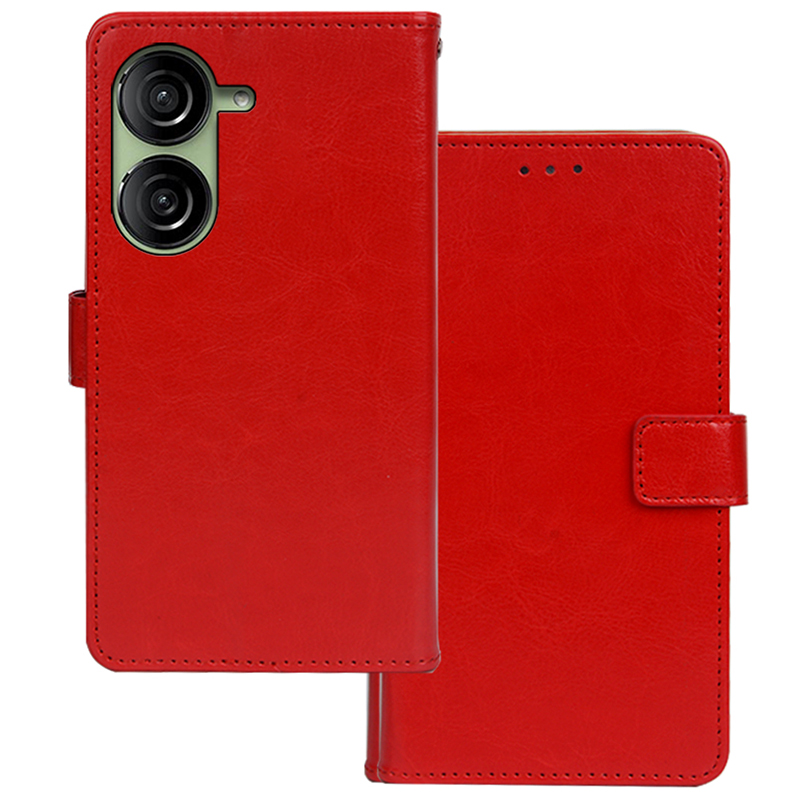 

Idewi Für Asus Zenfone 10 5G Schockfeste Hülle Crazy Horse Textur Leder Brieftasche Telefonabdeckung - Rot, Asus Zenfone 10 5G
