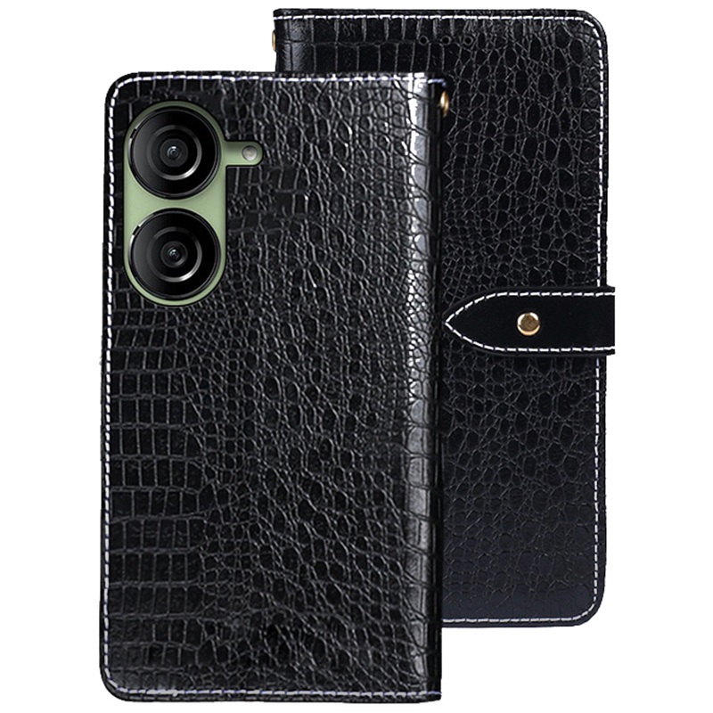 

IDEWEI Für Asus Zenfone 10 5G Wallet Phone Hülle Krokodiltextur Leder Telefonabdeckung - Schwarz, Asus Zenfone 10 5G
