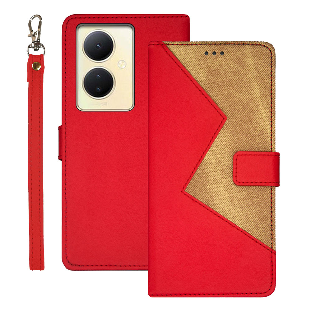 

IDEWEI Für Vivo V29 Lite 5G PU Leather Hülle Mit Kartenhalter Spleißfarben Farbständer Telefonabdeckung - Rot, vivo V29 Lite 5G
