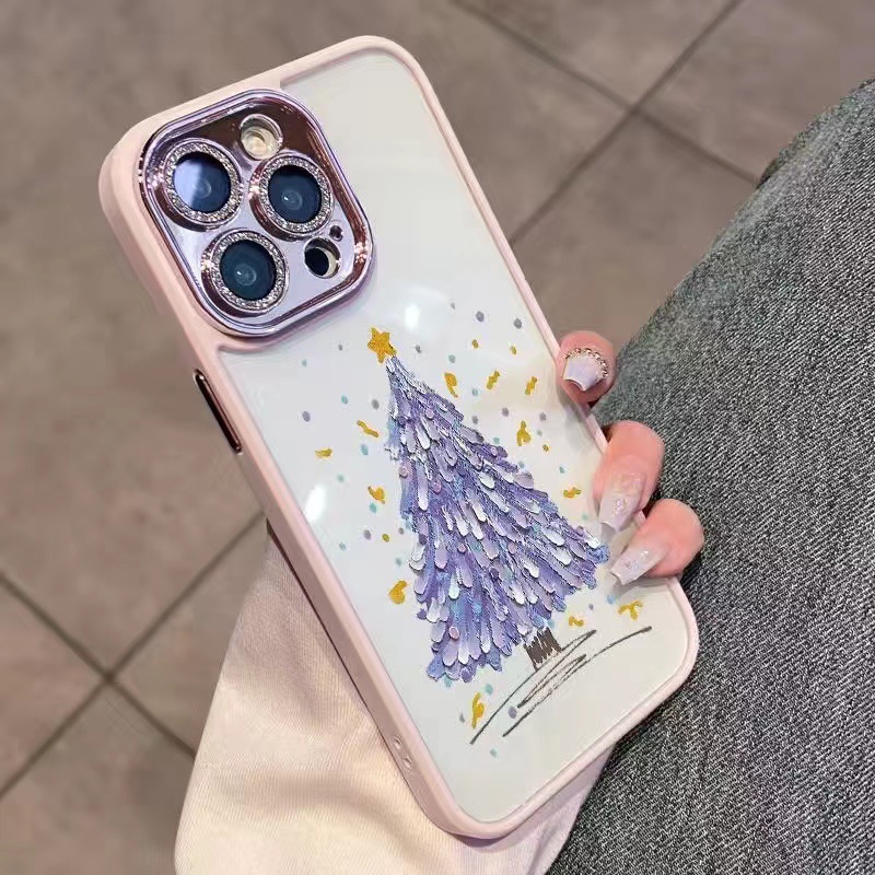 

Für Das Iphone 14 Pro Weihnachtsbaummuster Phone Hülle Soft TPU Bling Glitter Kamera Ring Zurück -abdeckung Mit Glaslinsenfilm - Rosa, iPhone 14 Pro