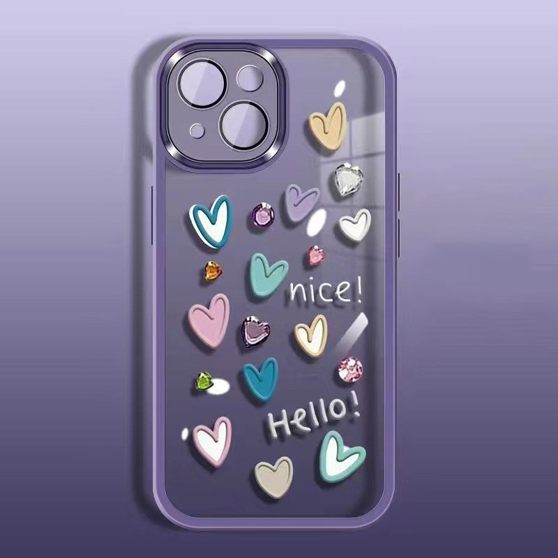

Für Iphone 13 TPU Phone Case Love Heart Muster Gedrucktes Cover Mit Kamera -objektivfilm - Transparent Lila, iPhone 13