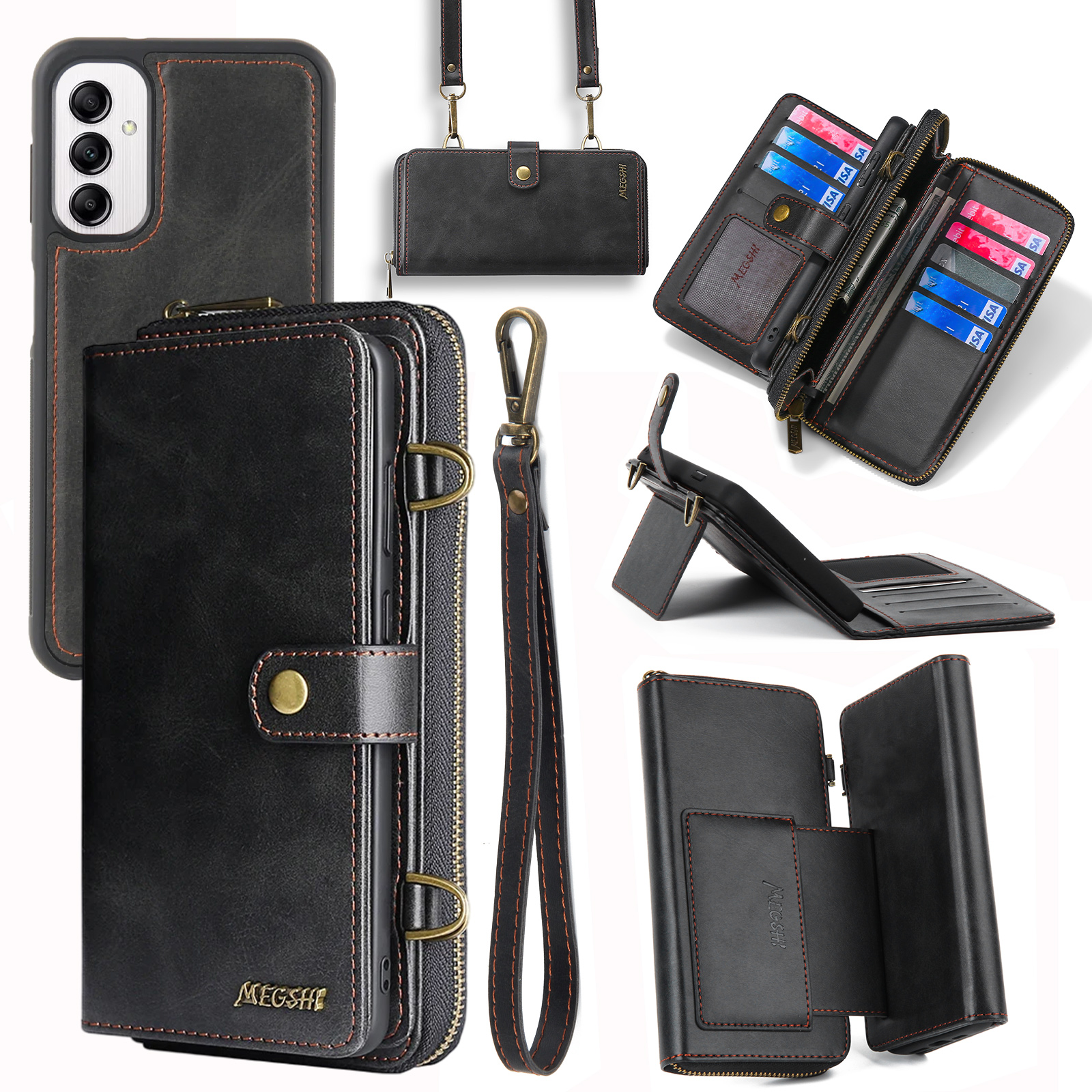 

Megshi 020 -serie Für Samsung Galaxy A14 4G / 5G Leder Telefonhülle Abnehmbar 2-in-1-brieftaschen-standabdeckung - Schwarz, Galaxy A14 5G