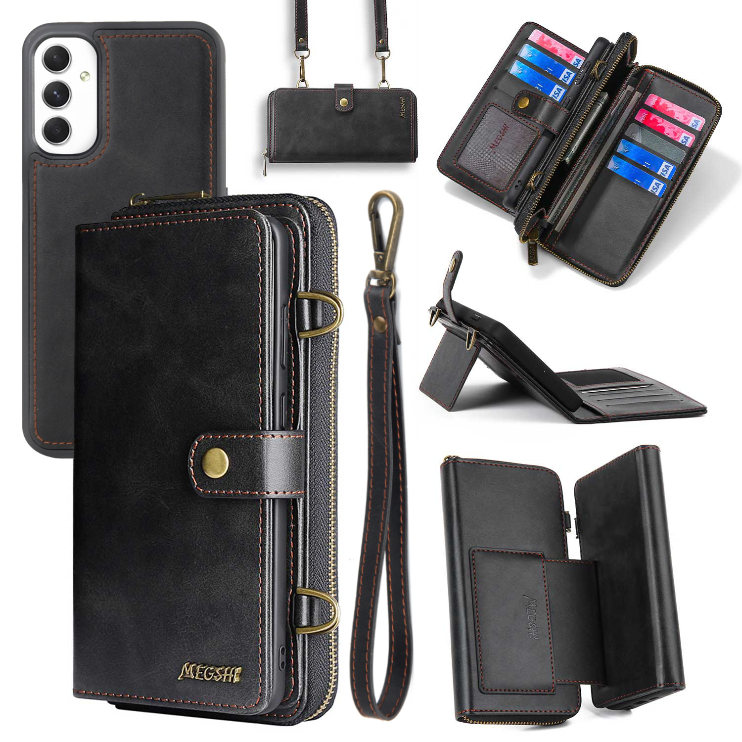 

MEGSHI 020-serie Für Samsung Galaxy A54 5G Abnehmbar 2-in-1-telefonie-wallet-hülle Pu-lederständer Multifunktionsabdeckung - Schwarz, Galaxy A54 5G