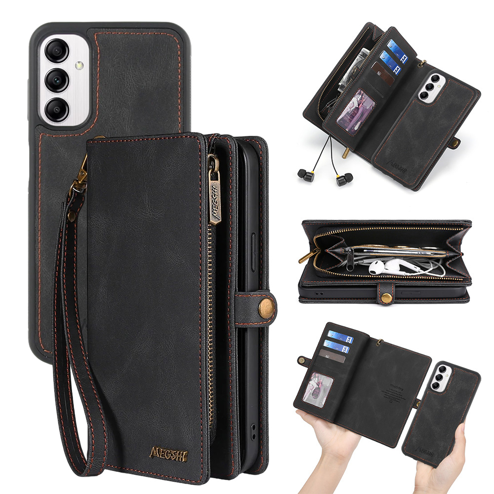

Megshi 017 -serie Für Samsung Galaxy A54 5G Reißverschluss Brieftasche Lederhülle Magnetabendbares Telefonabdeckung - Schwarz, Galaxy A54 5G