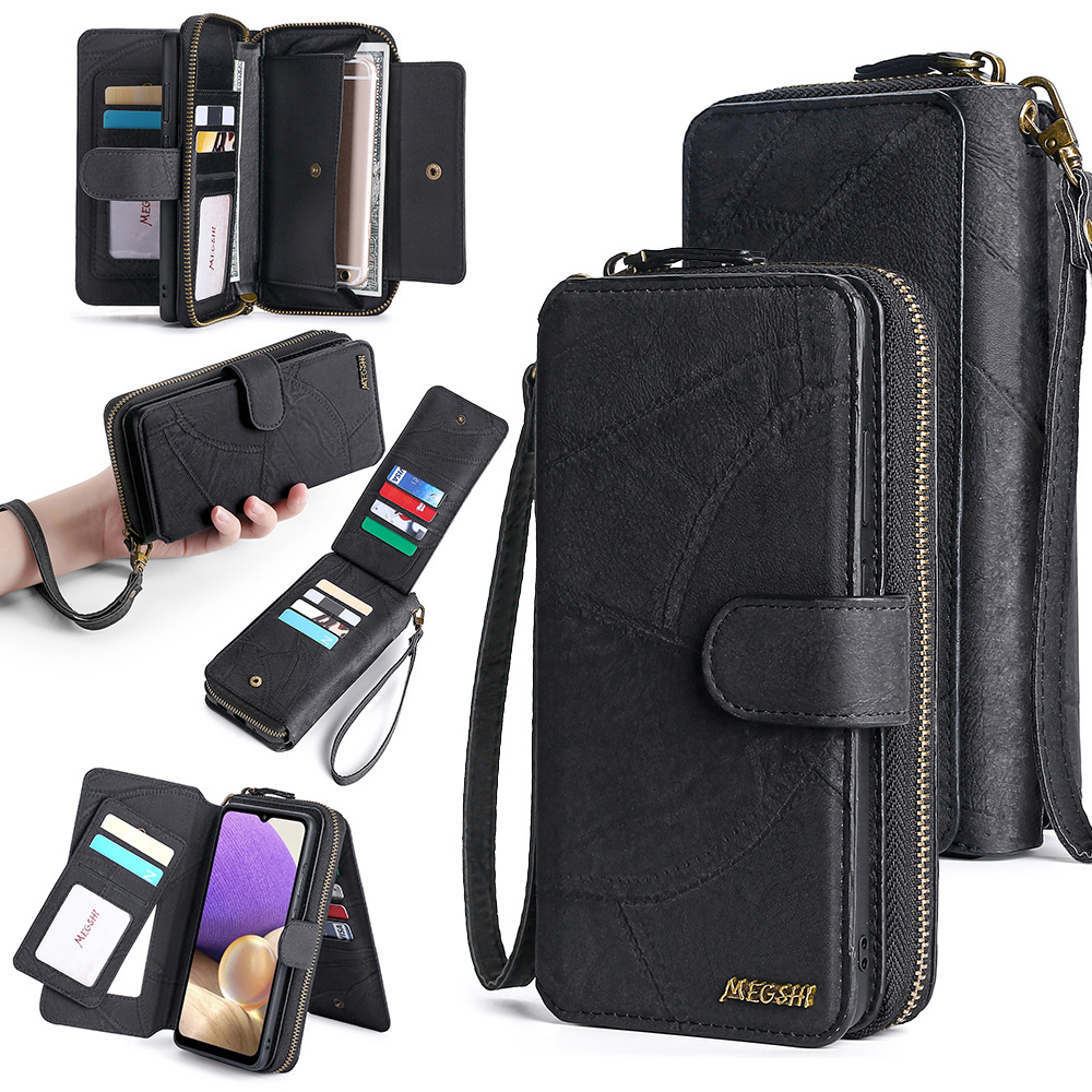 

Megshi 004 -serie Für Samsung Galaxy A23 4G / A23 5G (globale Version) Abnehmbarer Brieftasche Lederhülle Reißverschluss Pocket Stand Telefonabdeckung - Schwarz, Galaxy A23 5G (Global Version)