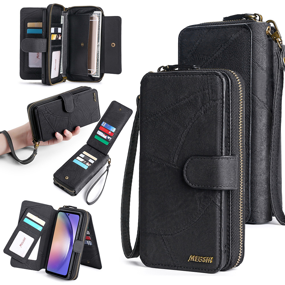 

MEGSHI 004-serie Für Samsung Galaxy A54 5G Abnehmbarer Multifunktions-wallet-hülle PU Leder Reißverschluss. - Schwarz, Galaxy A54 5G