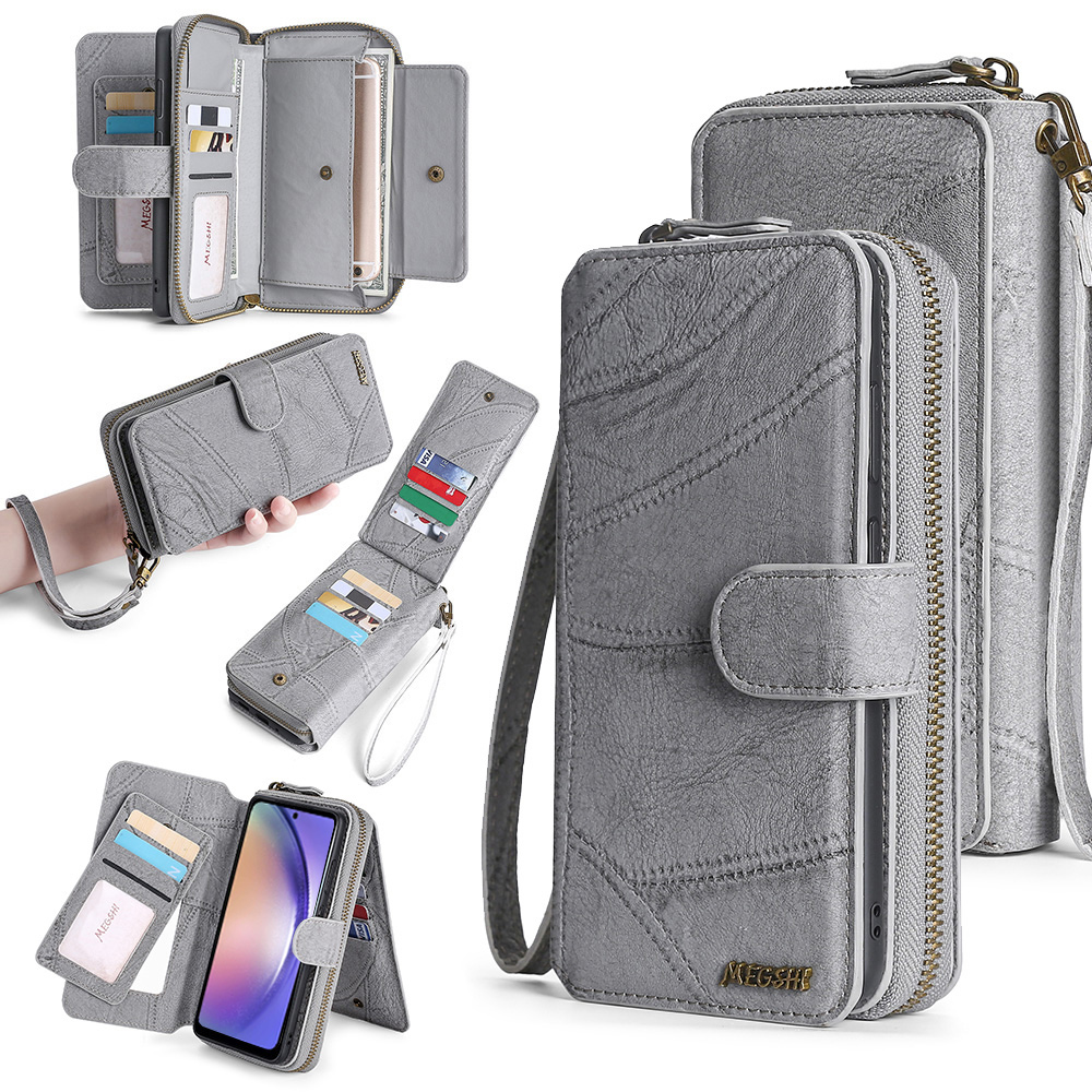 

MEGSHI 004-serie Für Samsung Galaxy A54 5G Abnehmbarer Multifunktions-wallet-hülle PU Leder Reißverschluss. - Grau, Galaxy A54 5G
